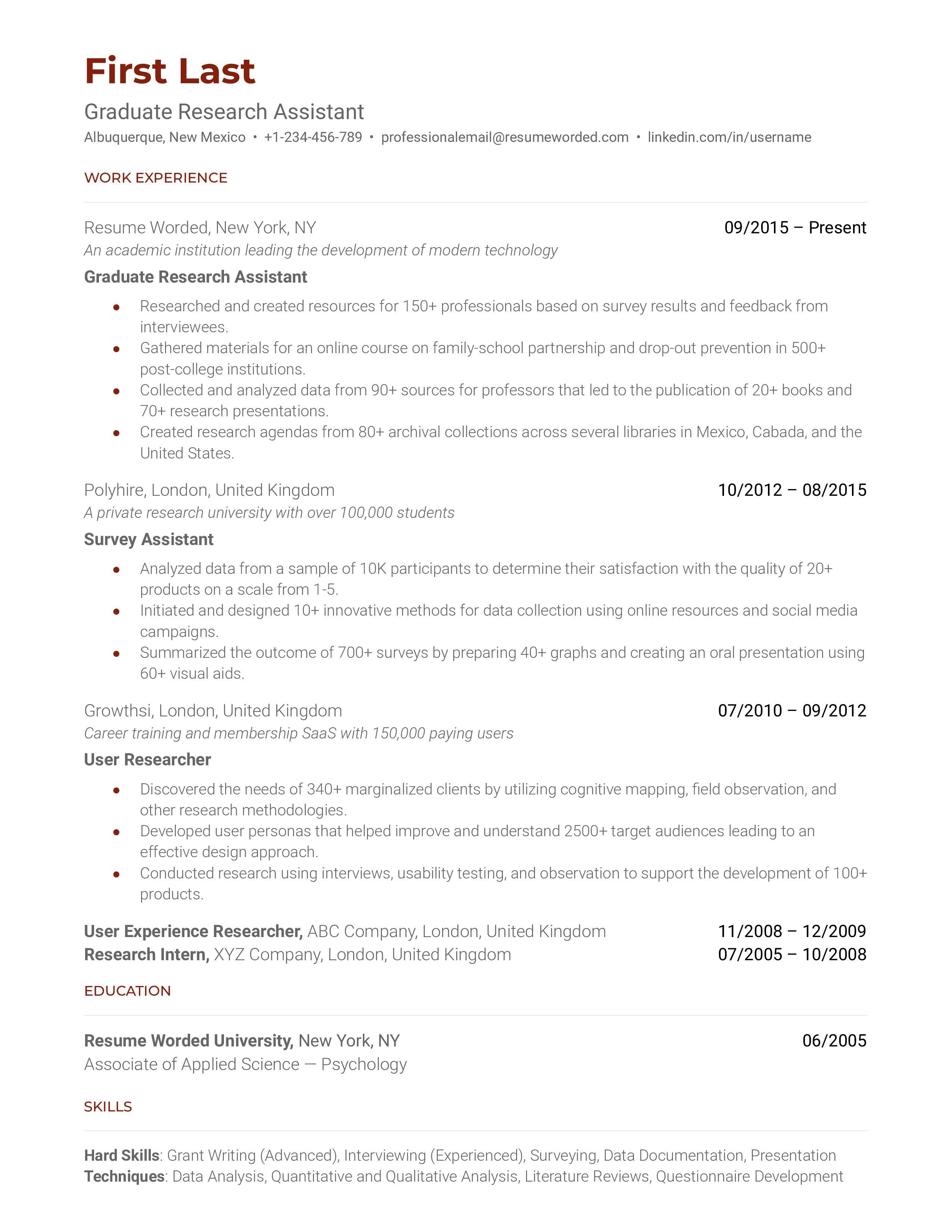 A resume for a graduate research assistant with a degree in biology and experience as a research assistant.