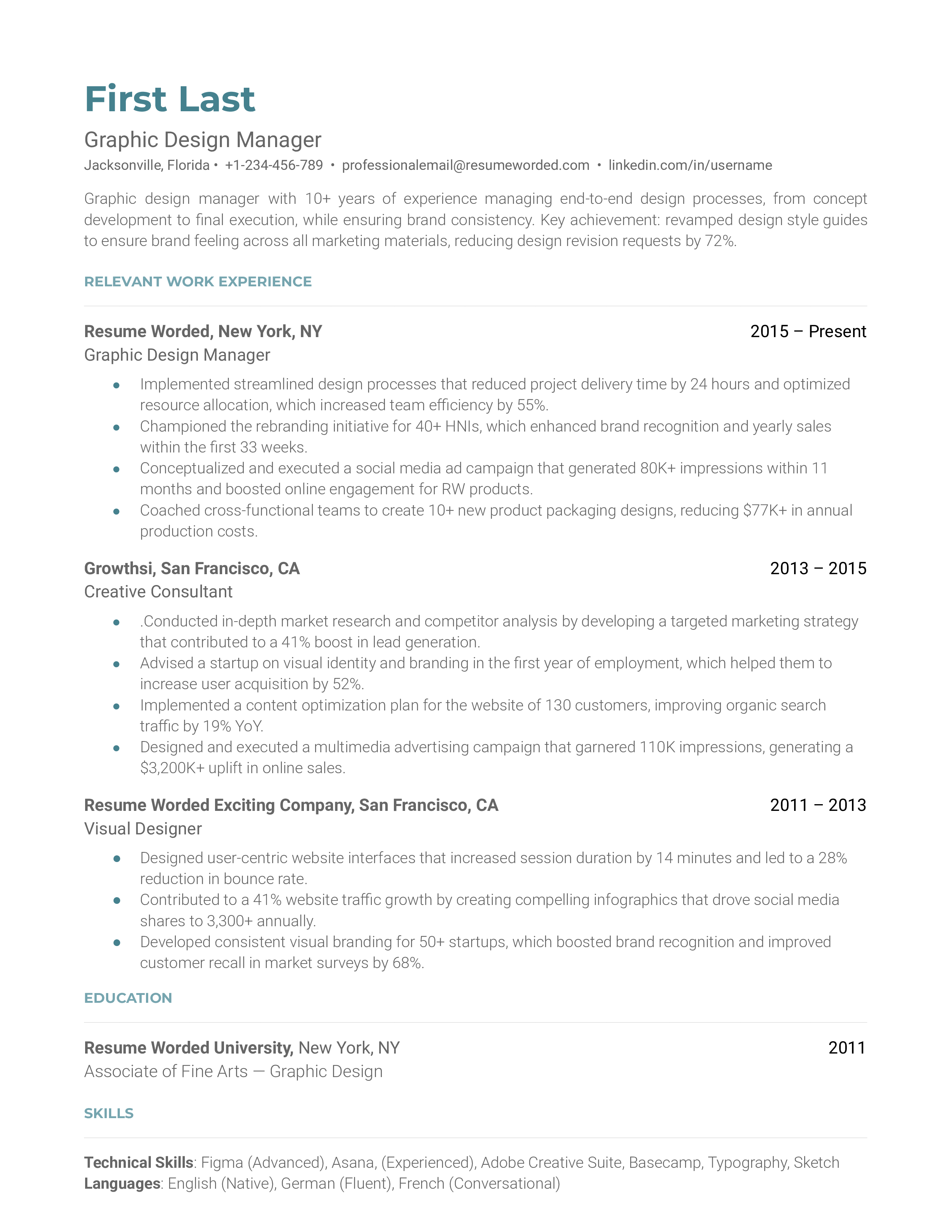 An organized and visually balanced Graphic Design Manager's CV.