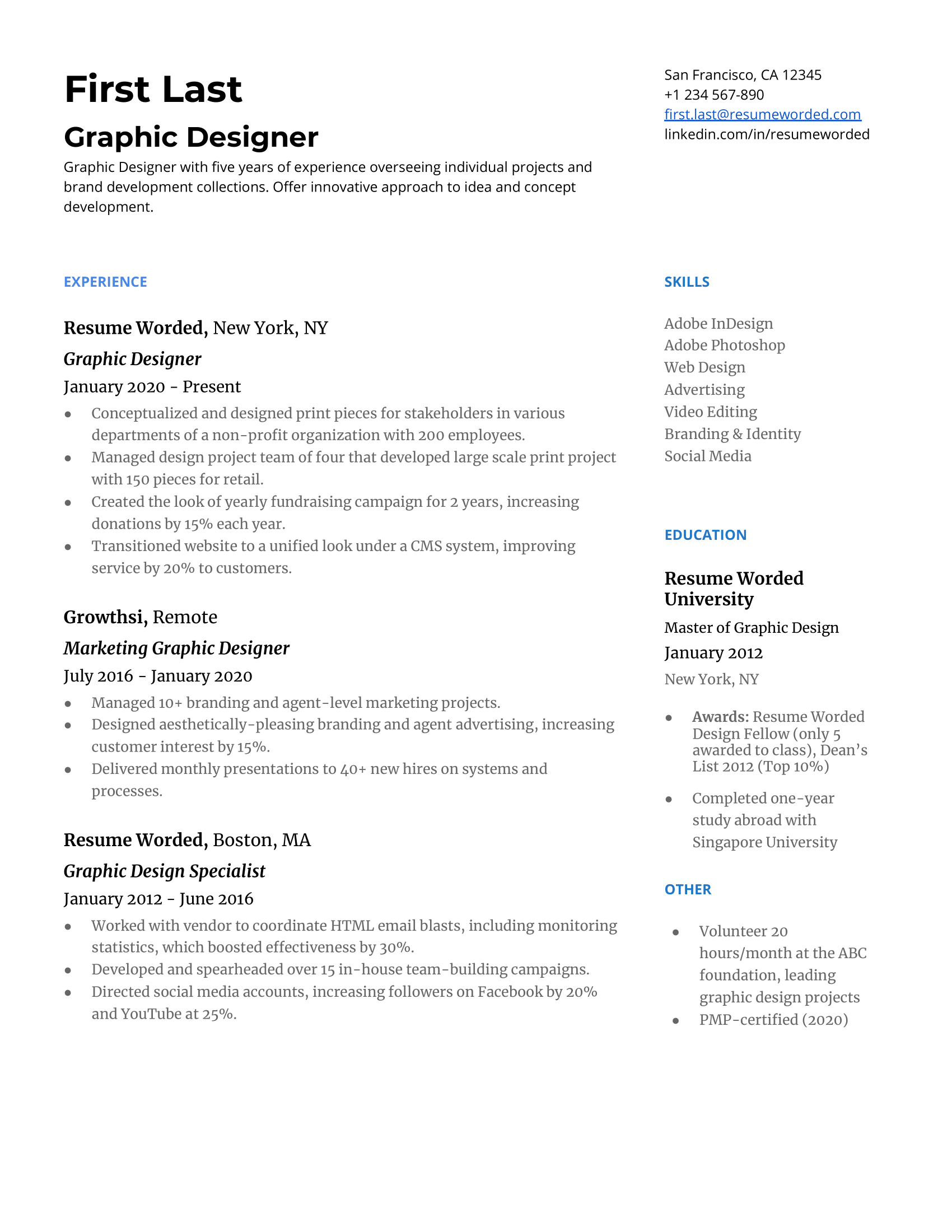 Graphic designer resume template example featuring strong action verbs and hard skills