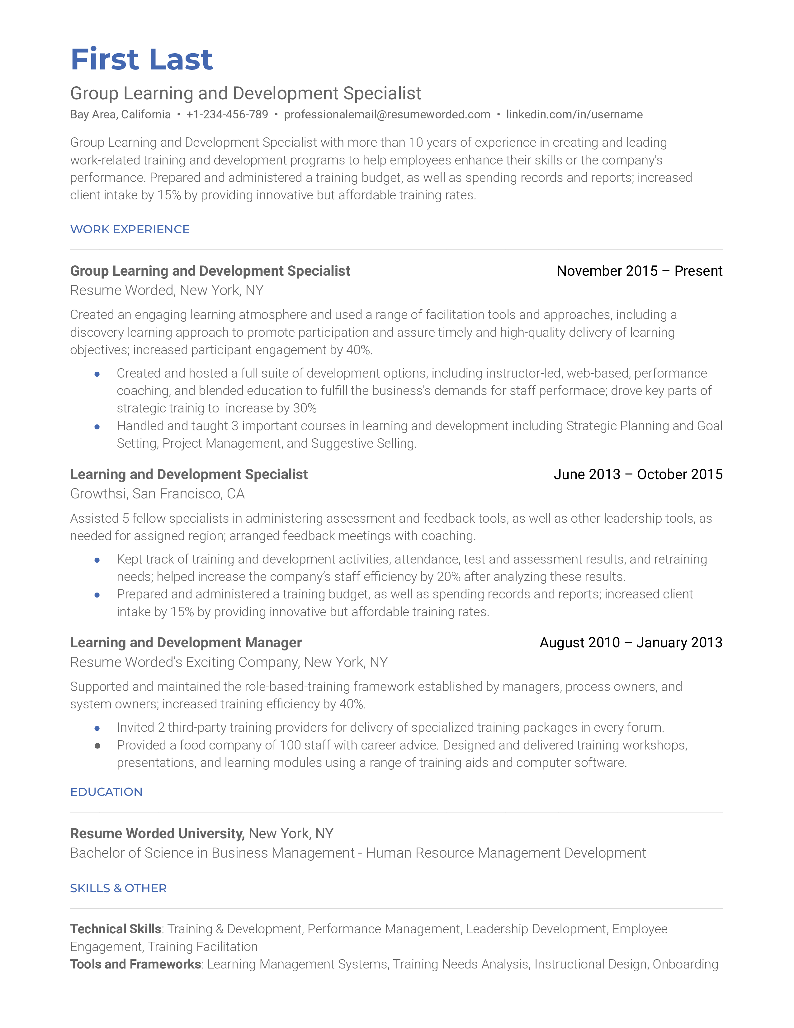 Group Learning and Development Specialist Resume Template + Example