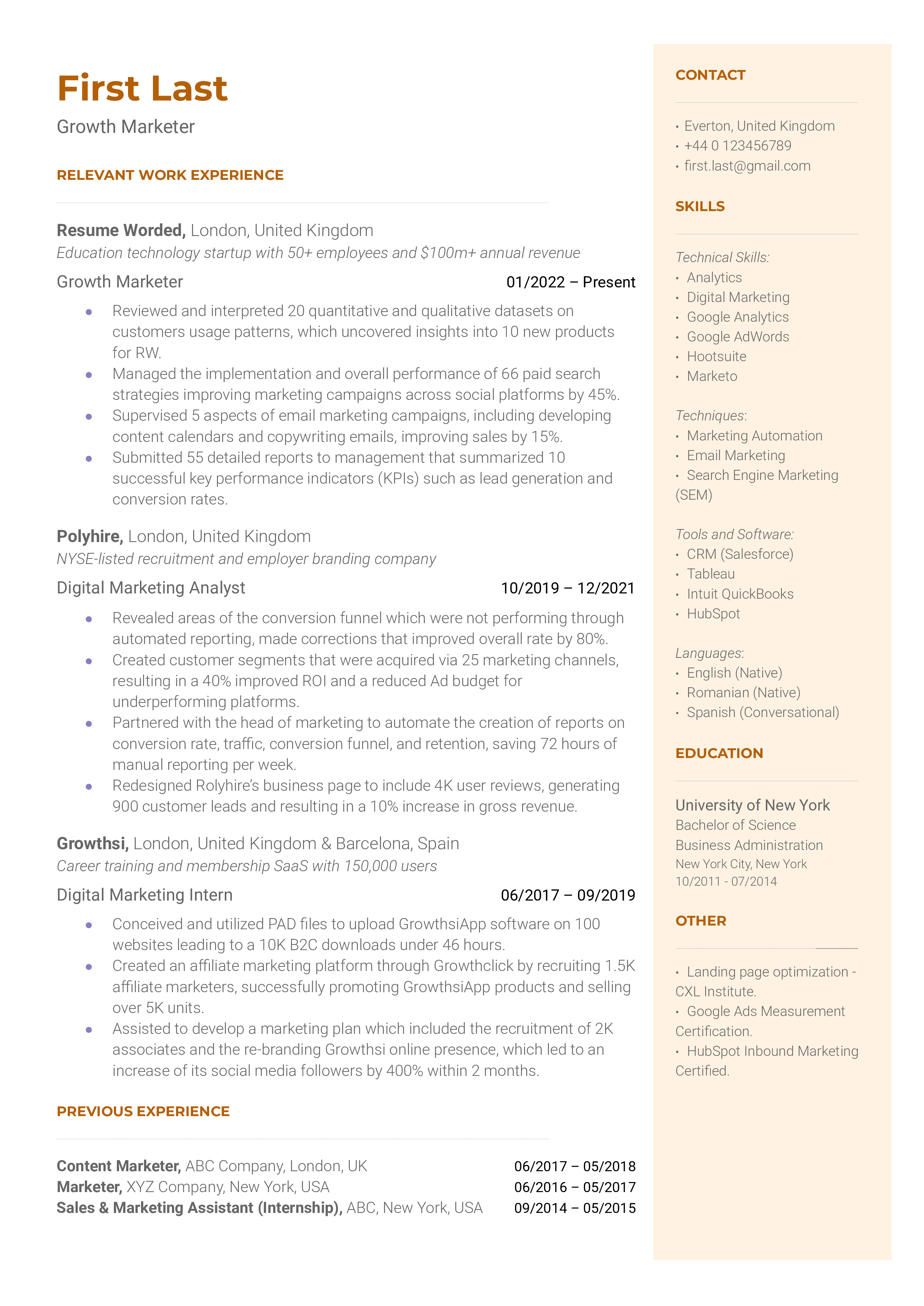 A CV for a Growth Marketer showcasing data analysis skills and experimentation abilities.