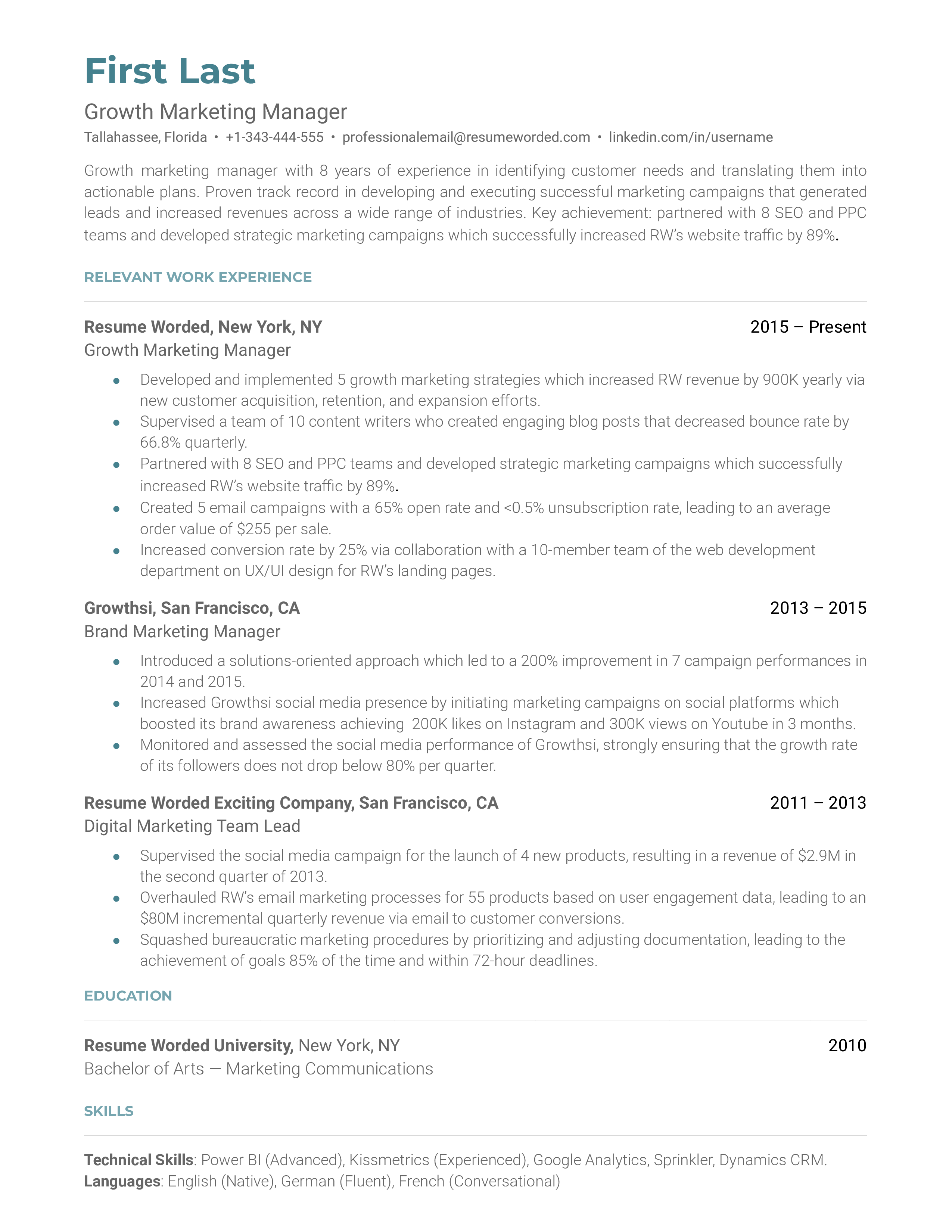 Growth Marketing Manager's CV demonstrating data-driven skills and successful growth experiments.