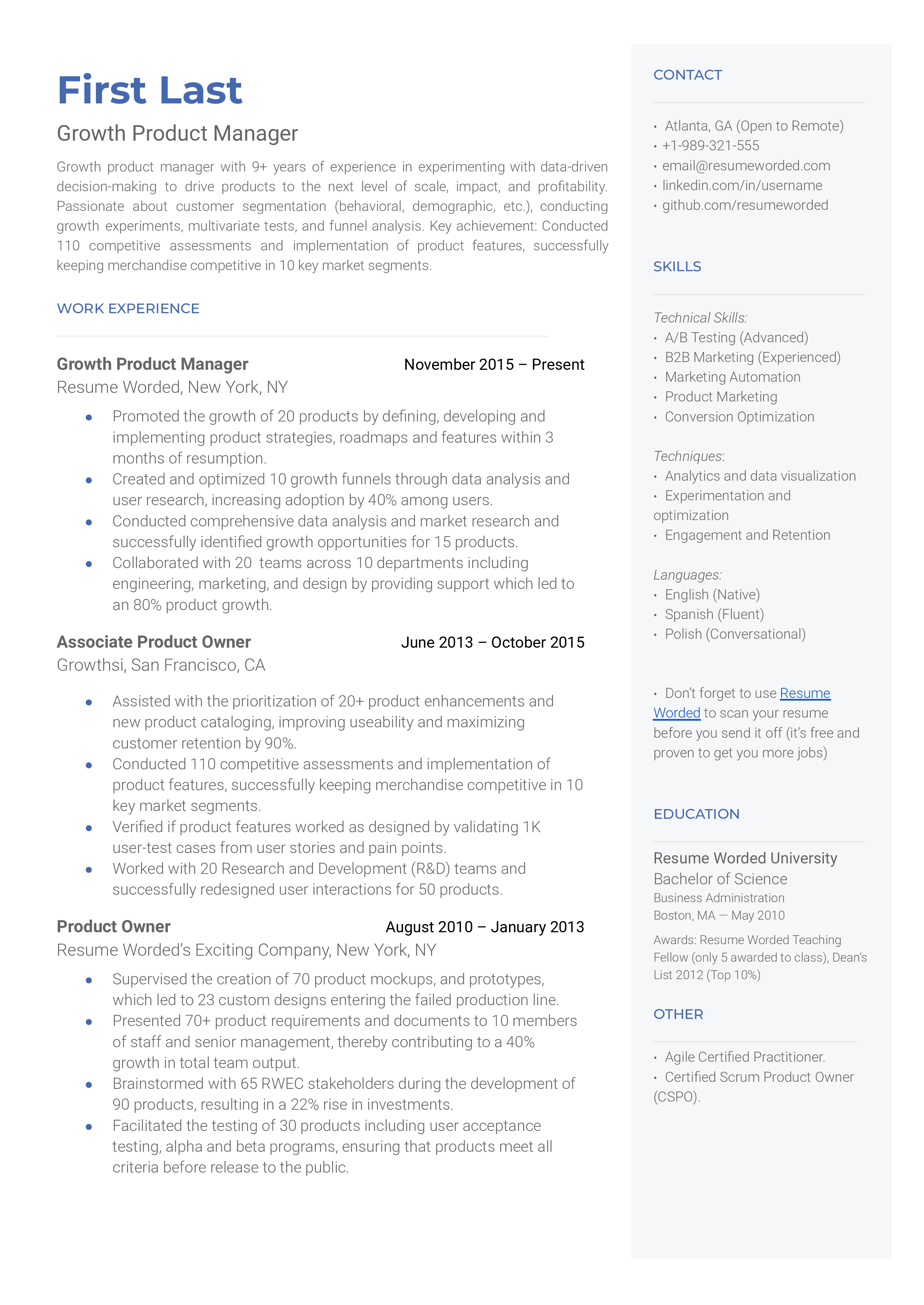 Growth product manager resume sample that highlights applicant's technical and communication skills.