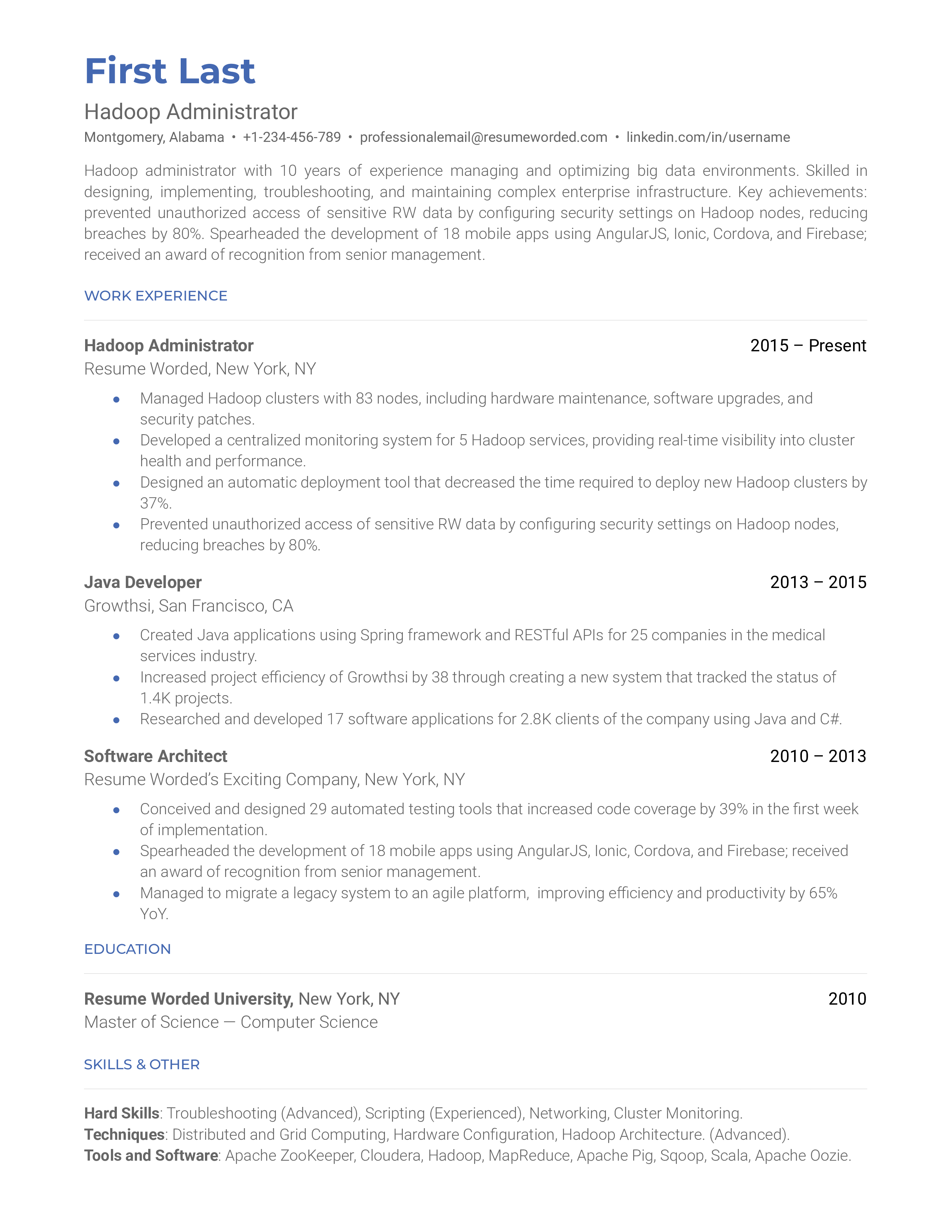 Hadoop Administrator Resume Sample