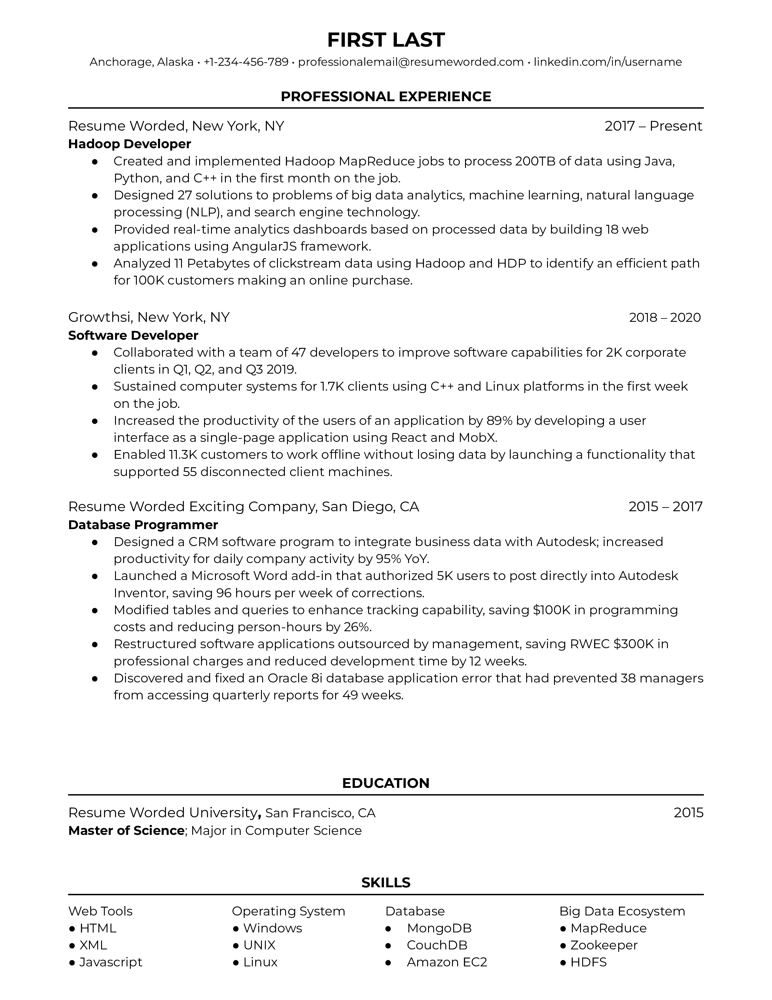 Hadoop Developer resume featuring specific project experiences and process improvements.