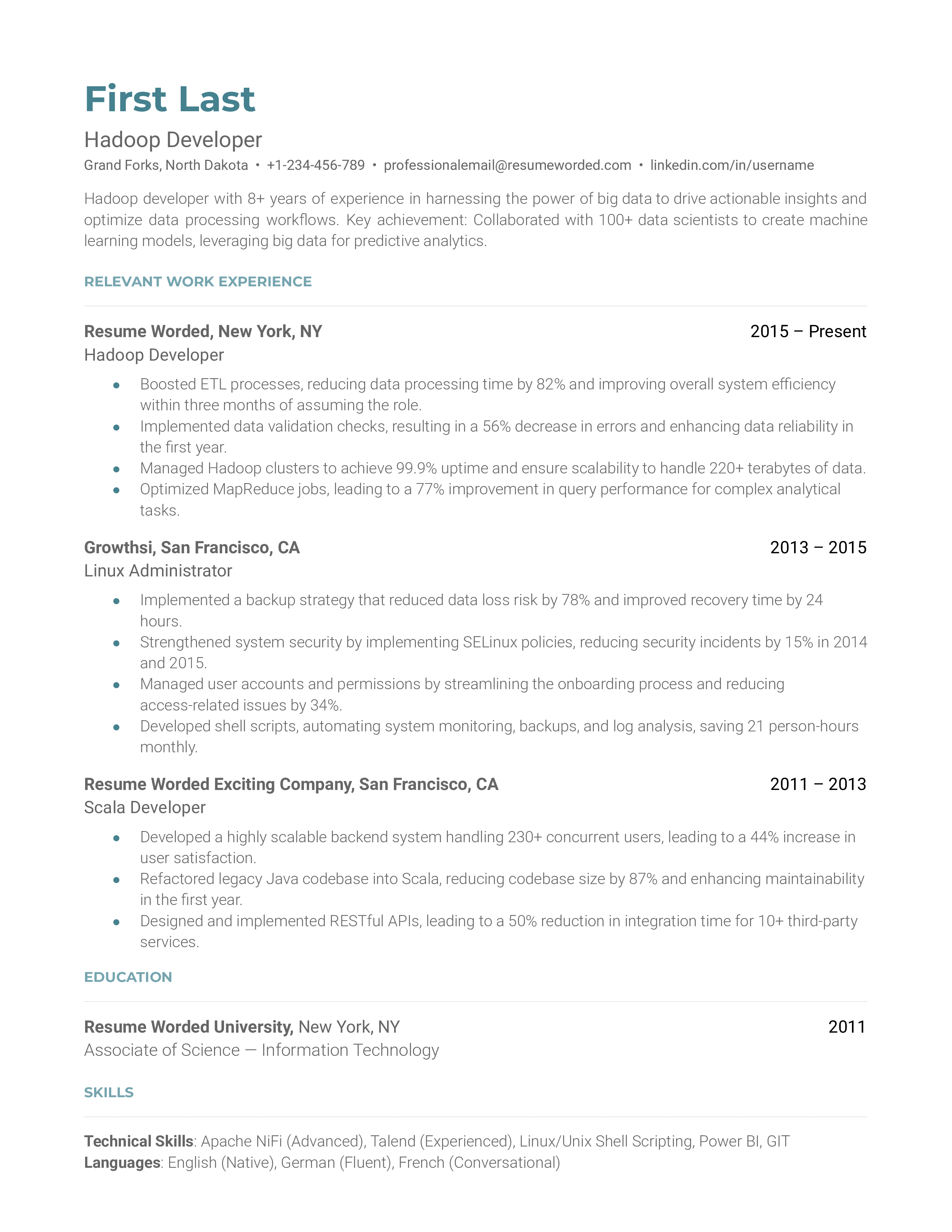 Hadoop Developer resume featuring specific project experiences and process improvements.