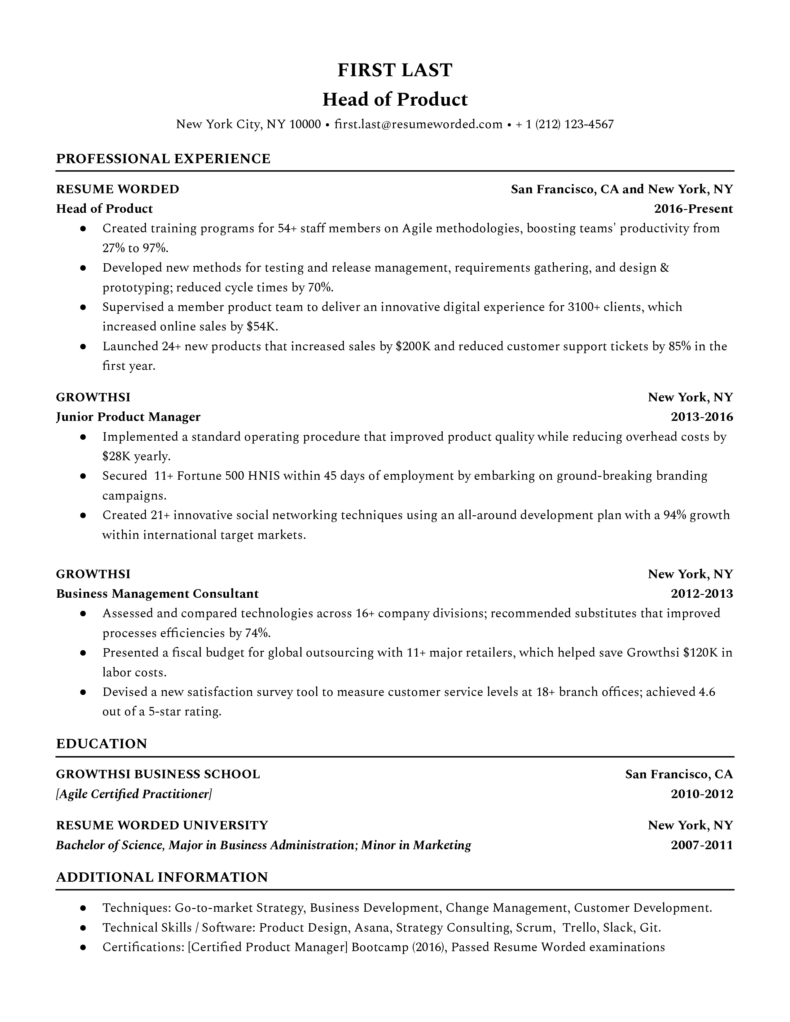 A head-of-product resume sample that highlights the candidate’s relevant certifications and management style.