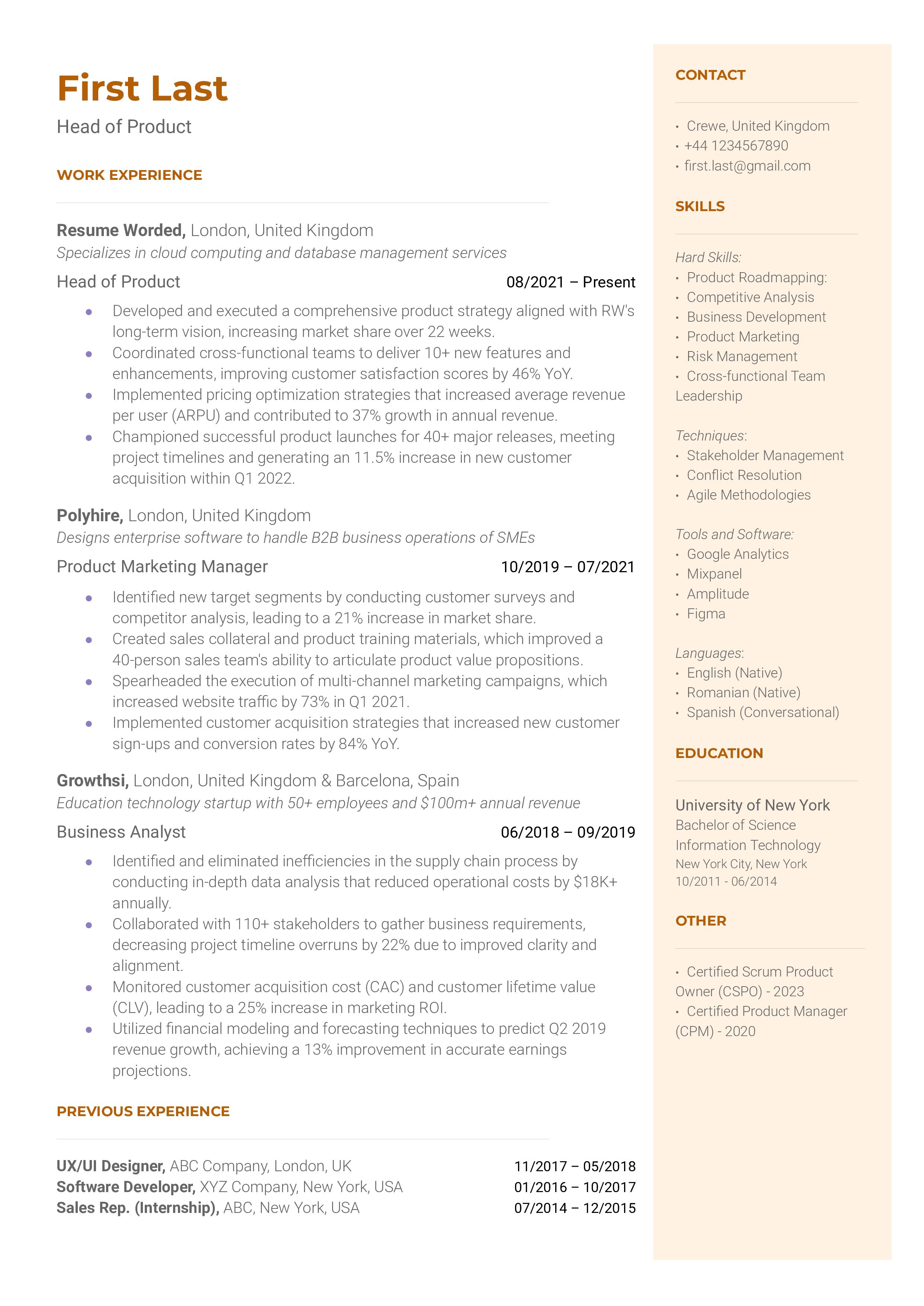 A detailed CV showcasing the candidate's achievements as a Head of Product.