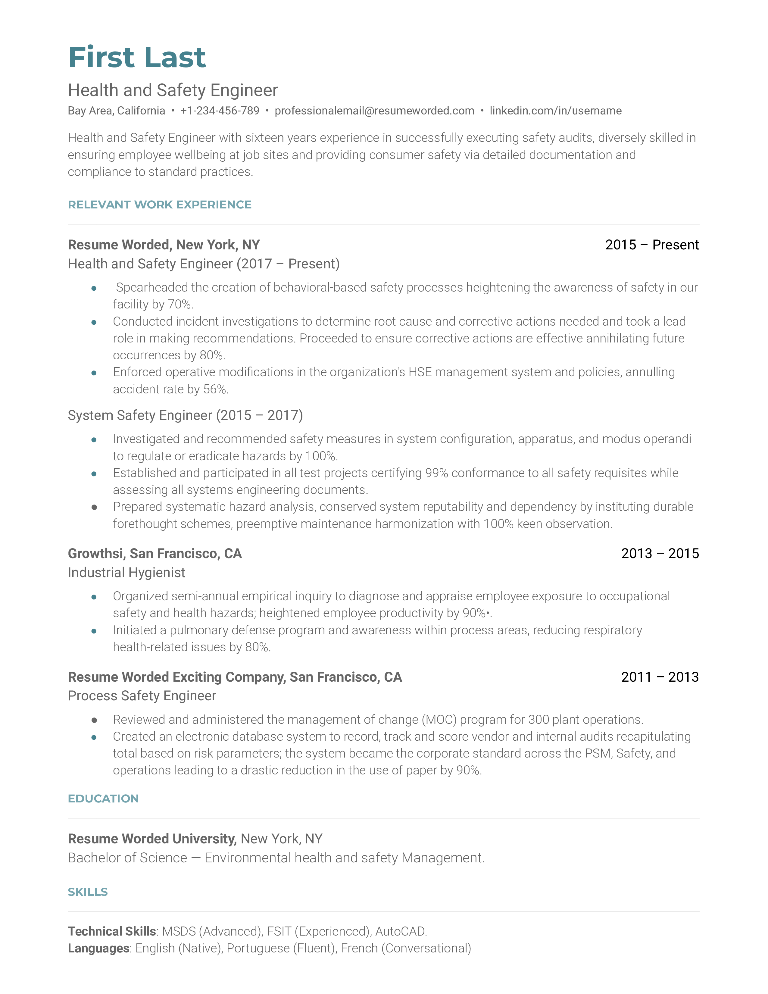 A health and safety engineer resume example that emphasized work experience in chronological order 
