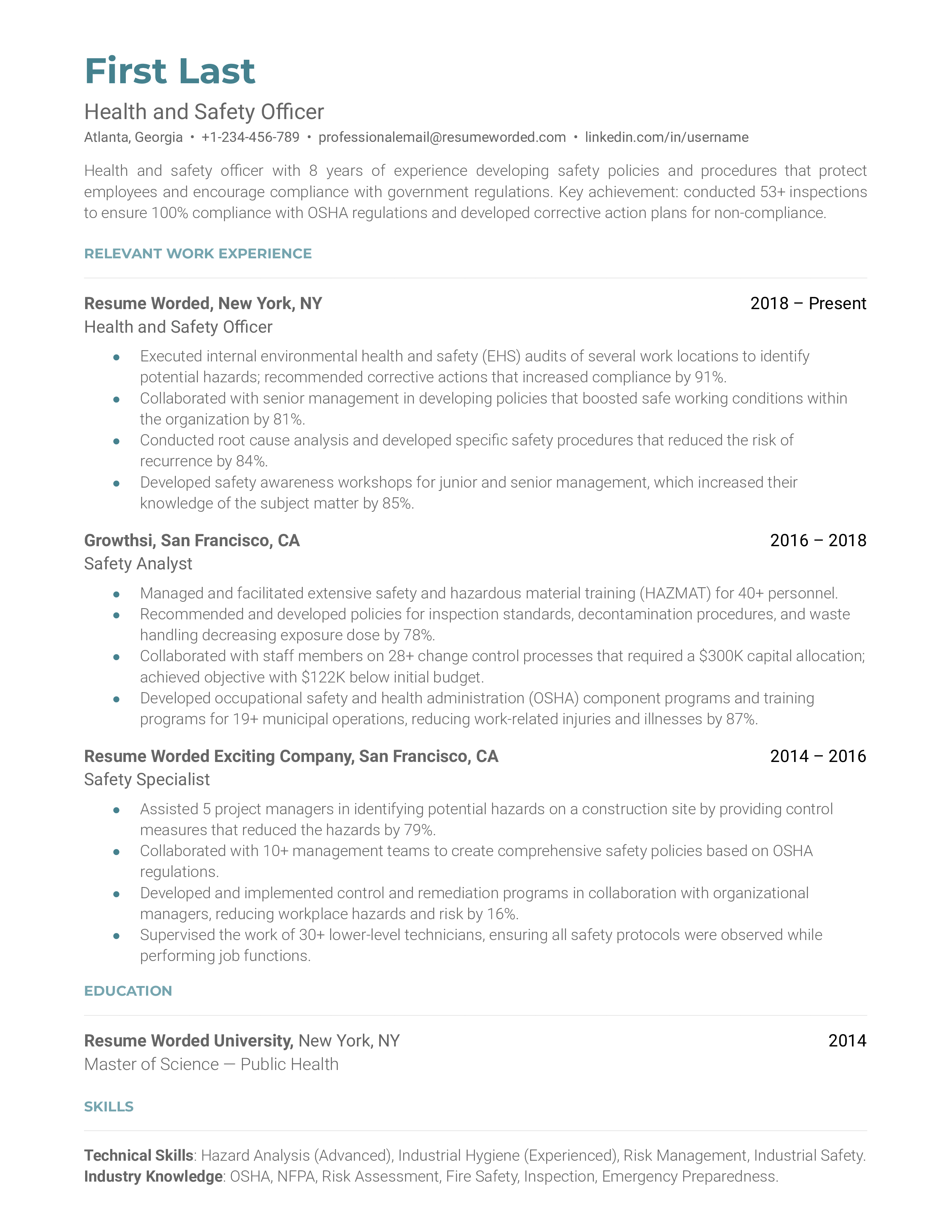 A health and safety officer resume template using strong metrics. 