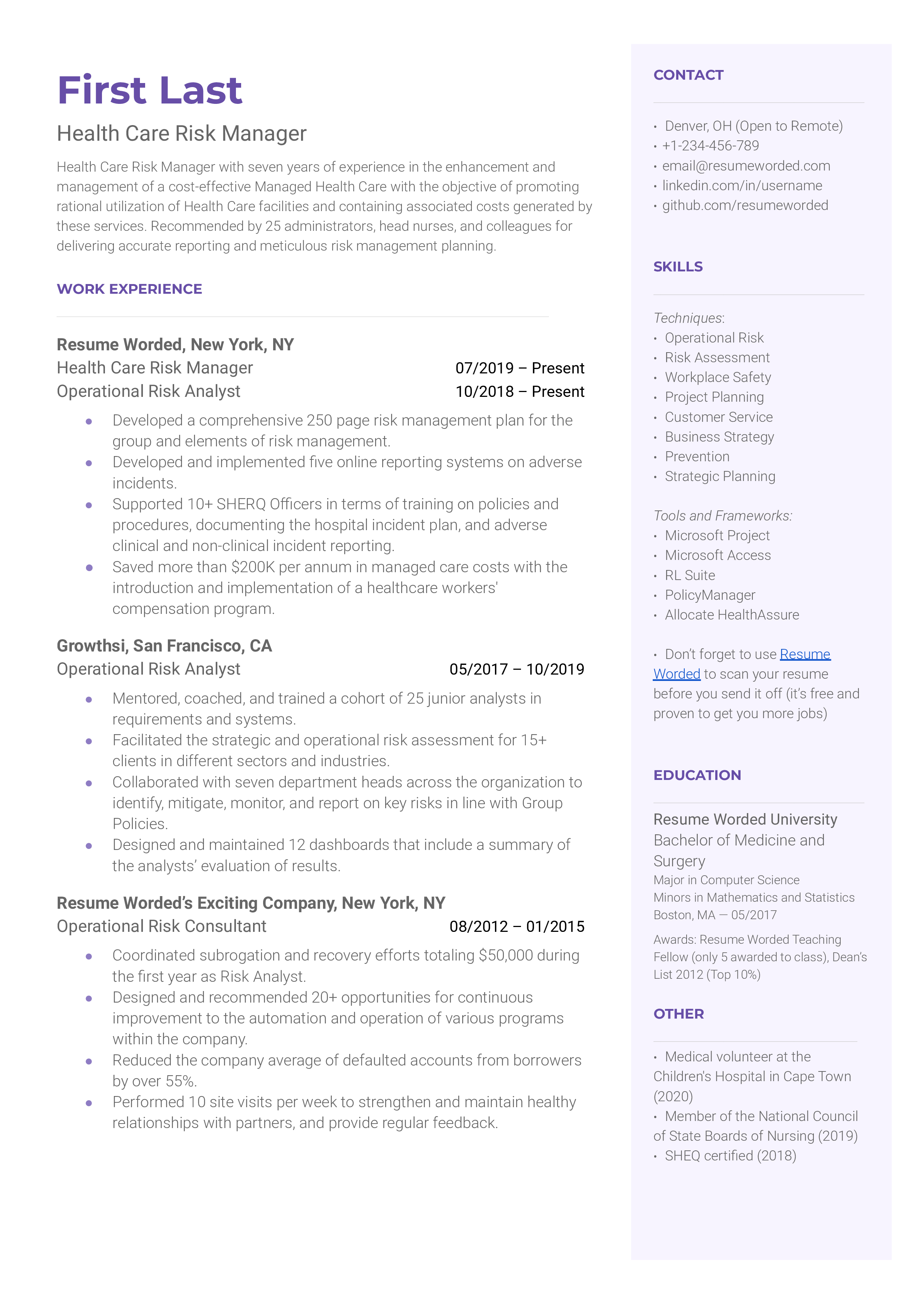 A strong health care risk manager resume sample that highlights the applicant's health education and metrics of success.