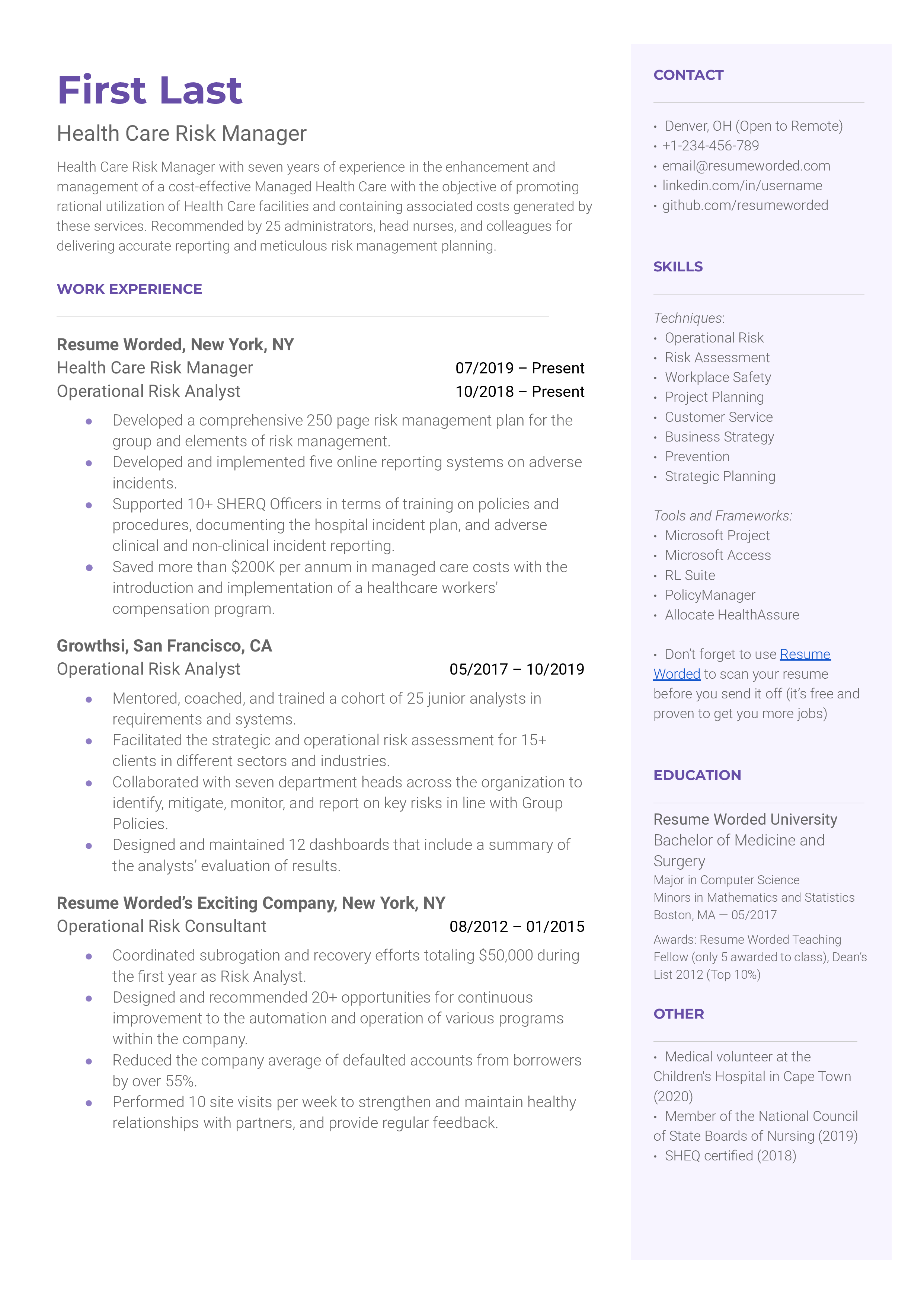 CV screenshot of a Health Care Risk Manager with focus on risk management techniques and understanding of the modern healthcare landscape.