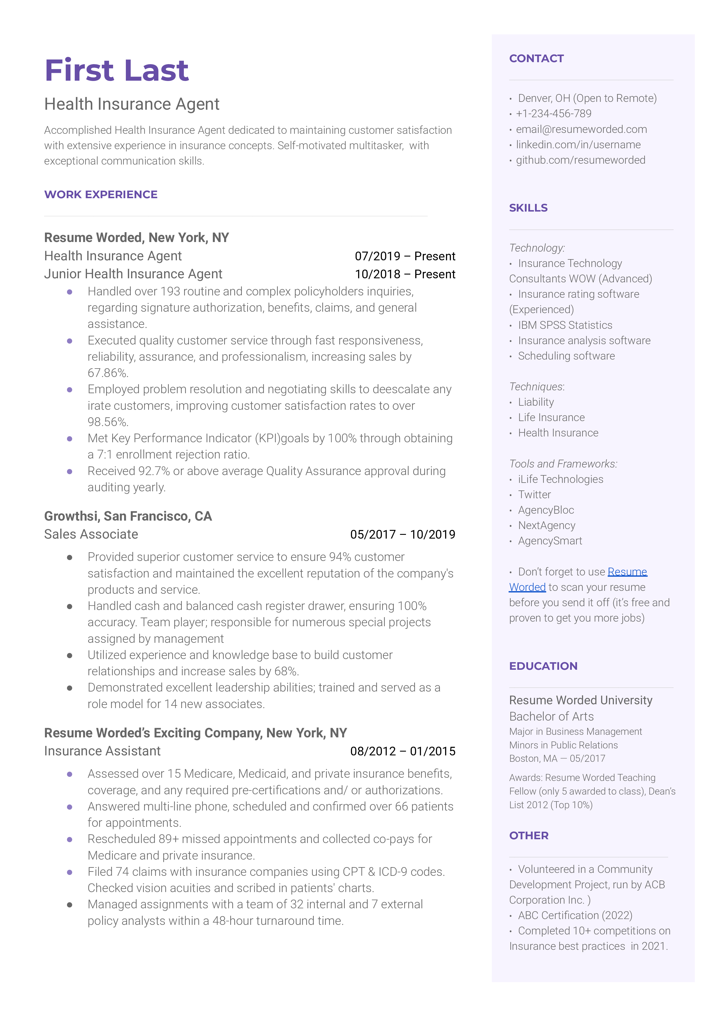 A well-structured CV of a Health Insurance Agent displaying industry knowledge and communication skills.