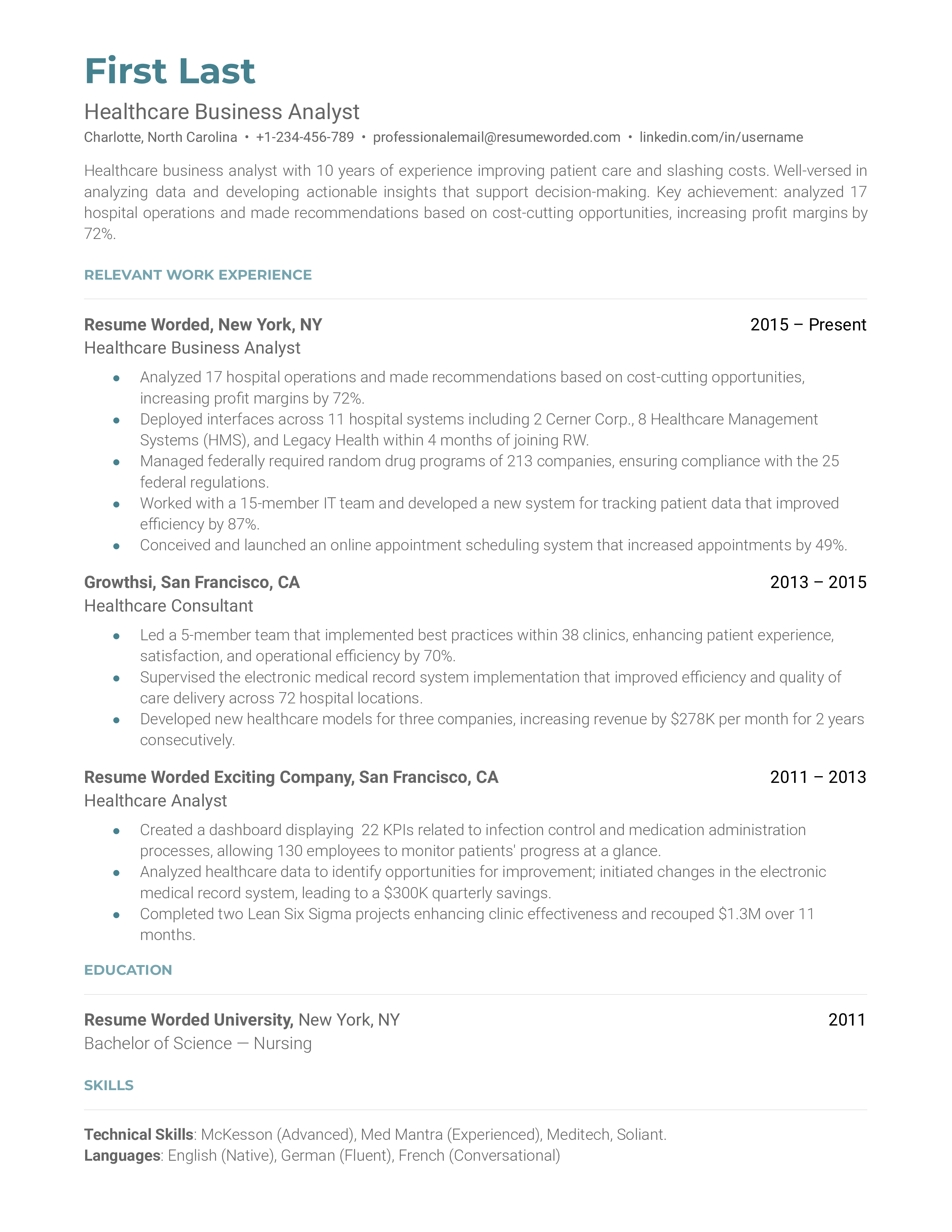 A CV screenshot showcasing detailed experience and skills for the Healthcare Business Analyst role.