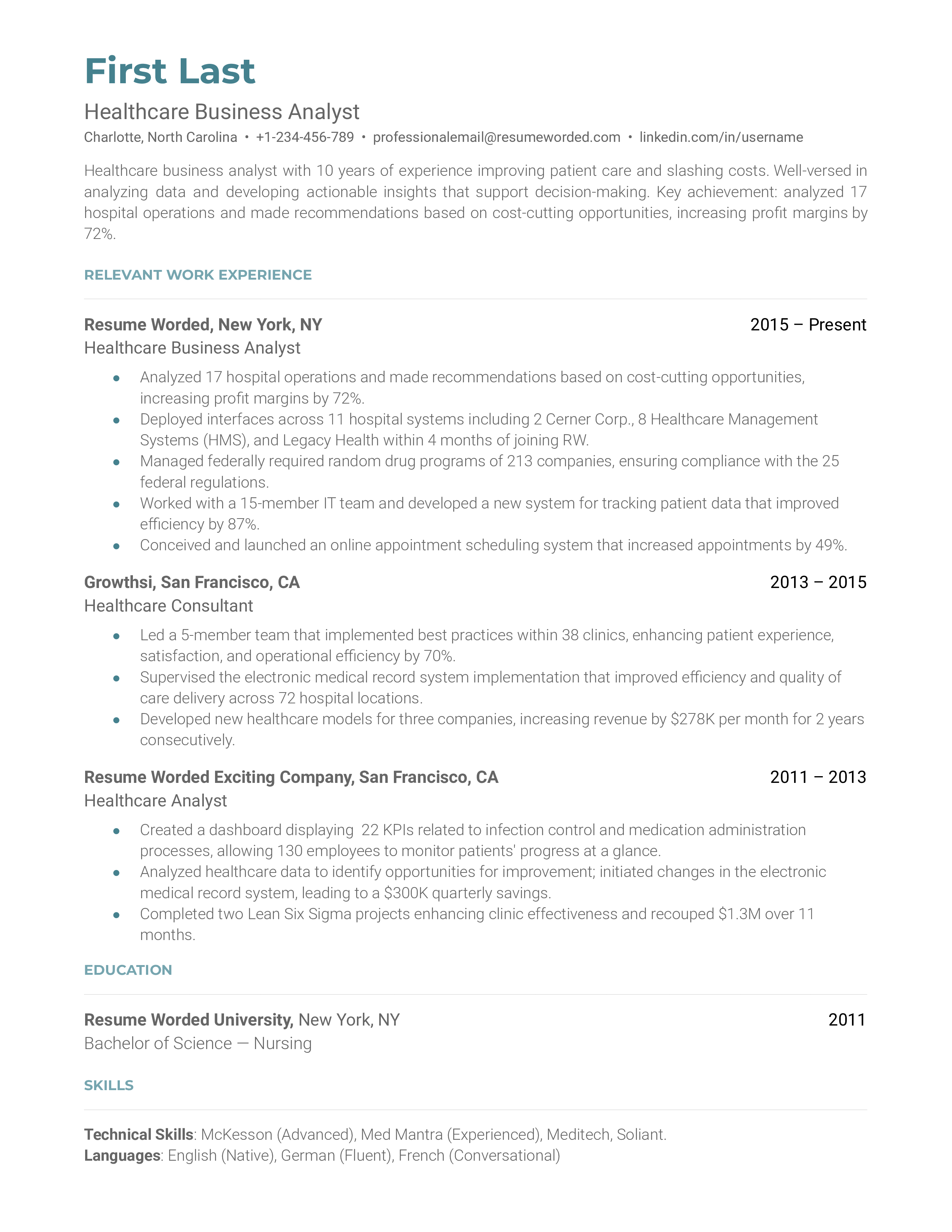 Healthcare Business Analyst Resume Sample