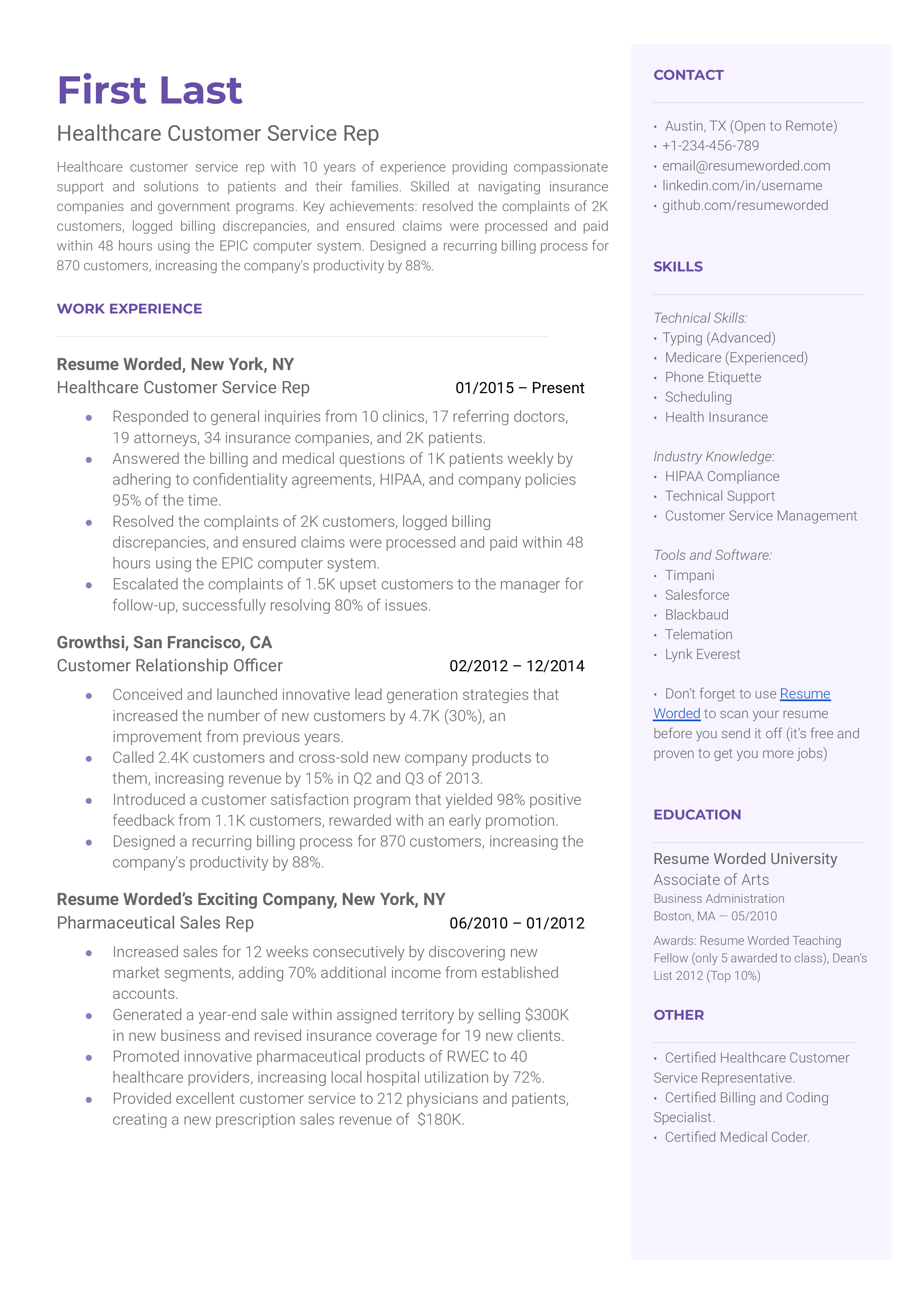 A healthcare customer service representative resume sample that highlights the applicant’s healthcare background and experience.