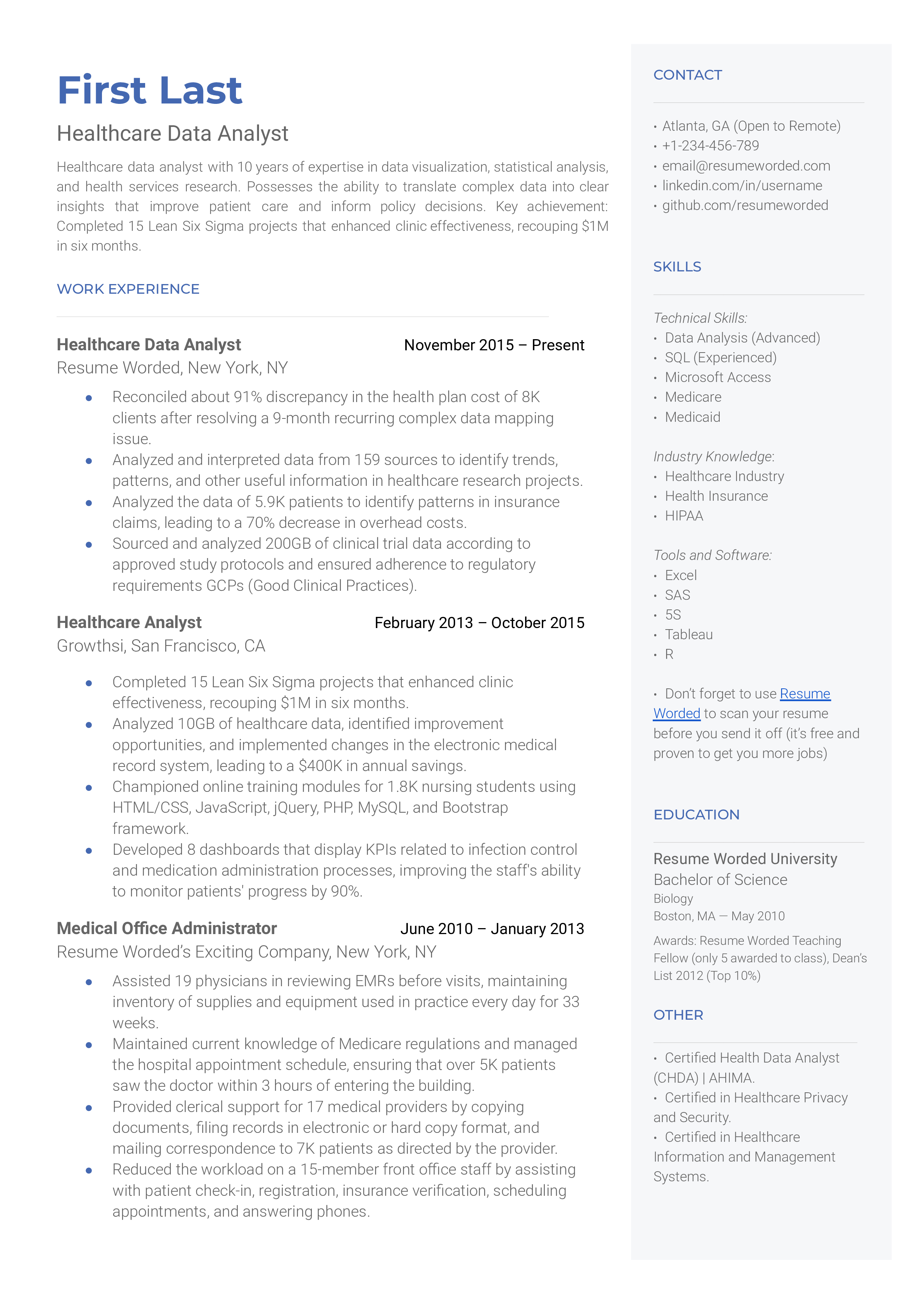 A healthcare data analyst resume sample  that highlights applicant's healthcare knowledge and certifications.