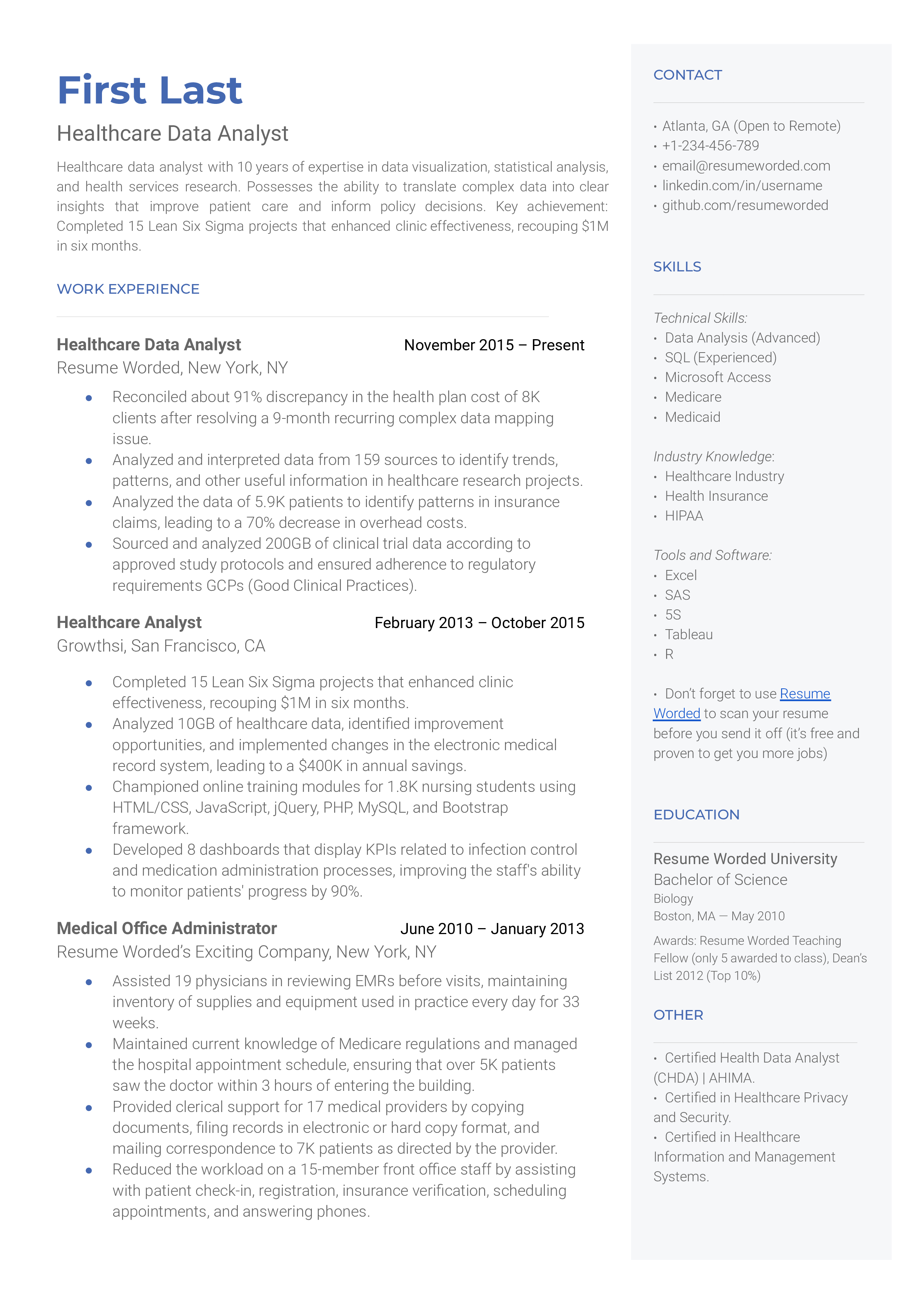 Healthcare Data Analyst CV showcasing technical skills and healthcare legislation knowledge.