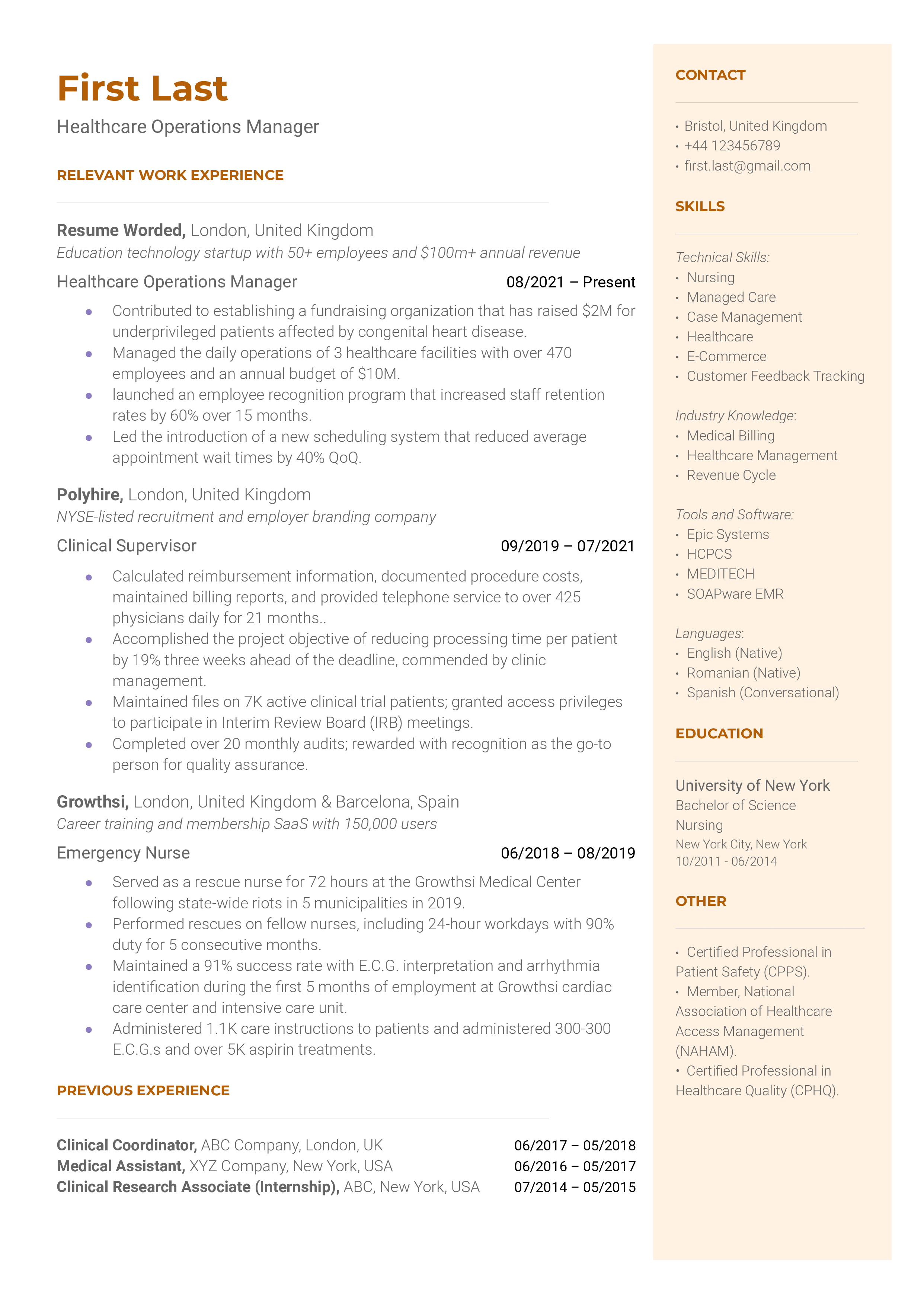 A CV showcasing the skills of a proficient Healthcare Operations Manager.