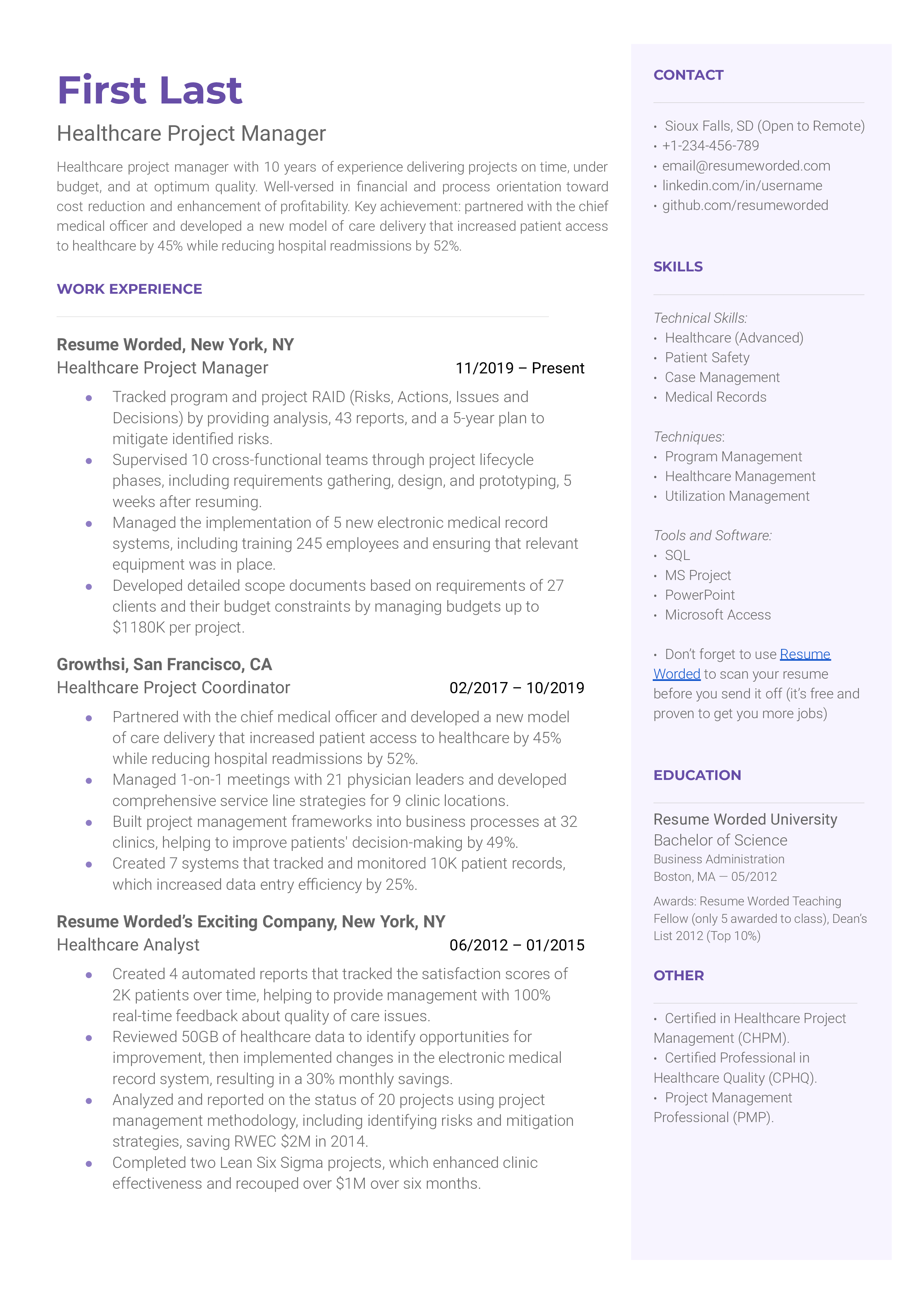 Healthcare Project Manager Resume Template + Example