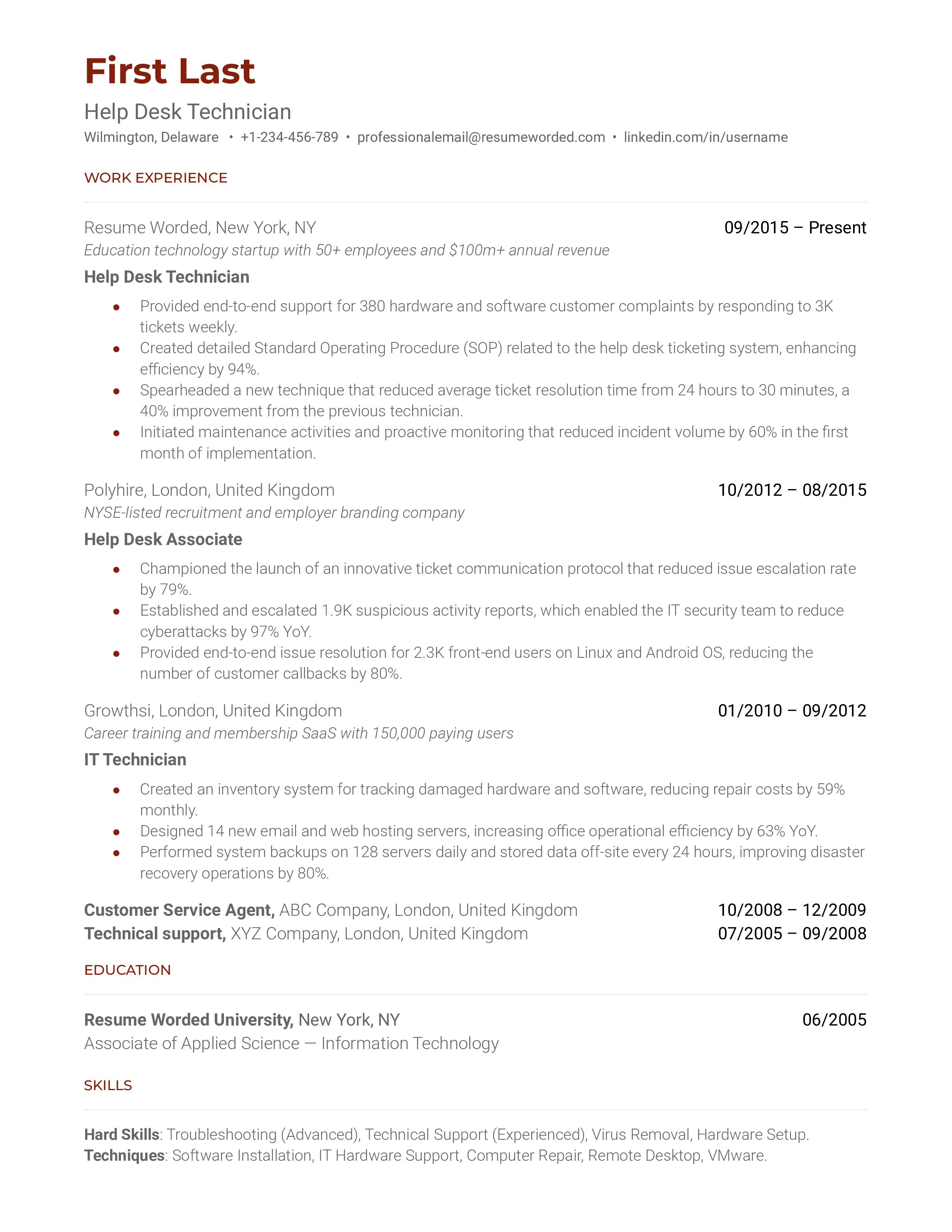A help desk technician resume example that prioritizes work experience