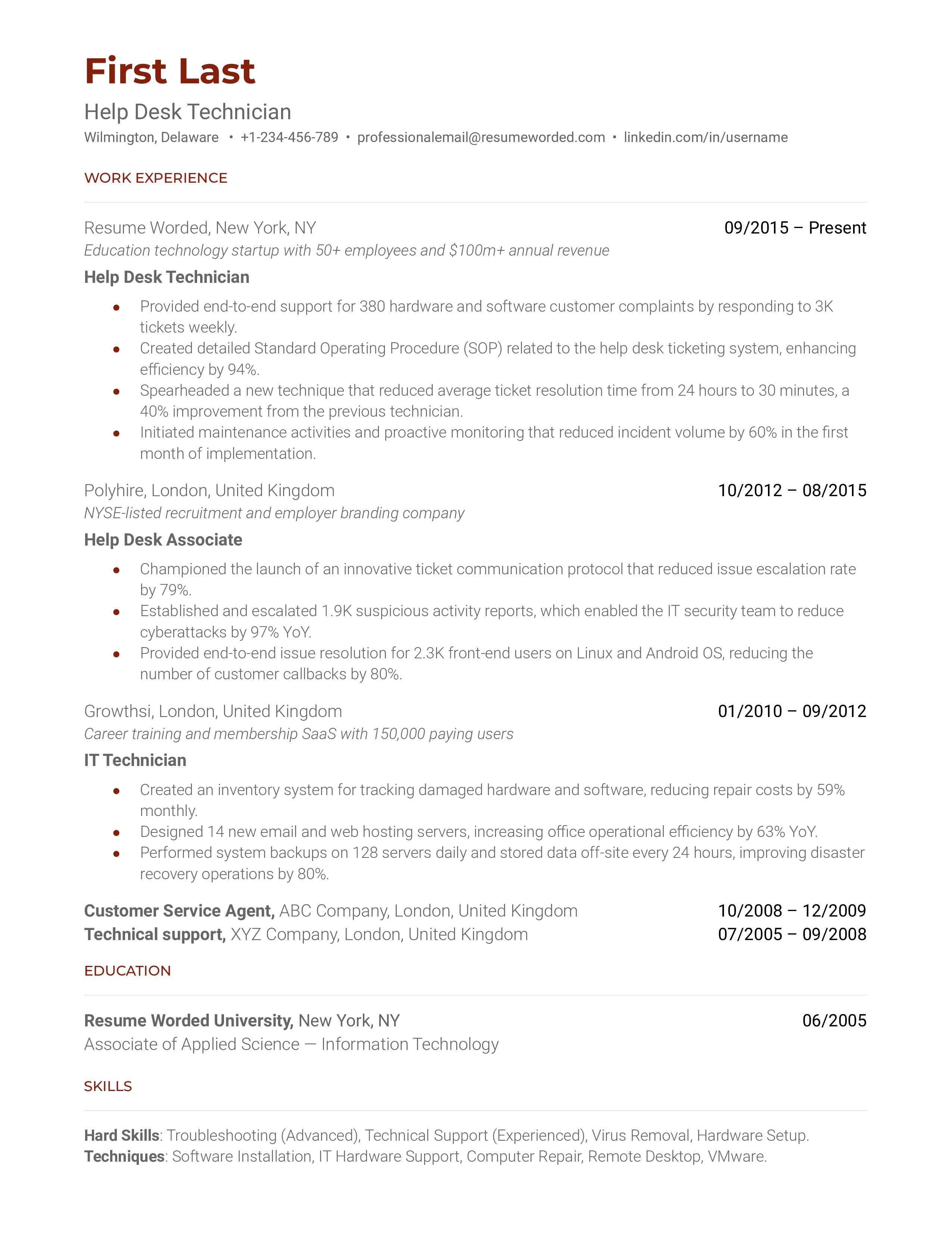 A sample CV for a Help Desk Technician role.