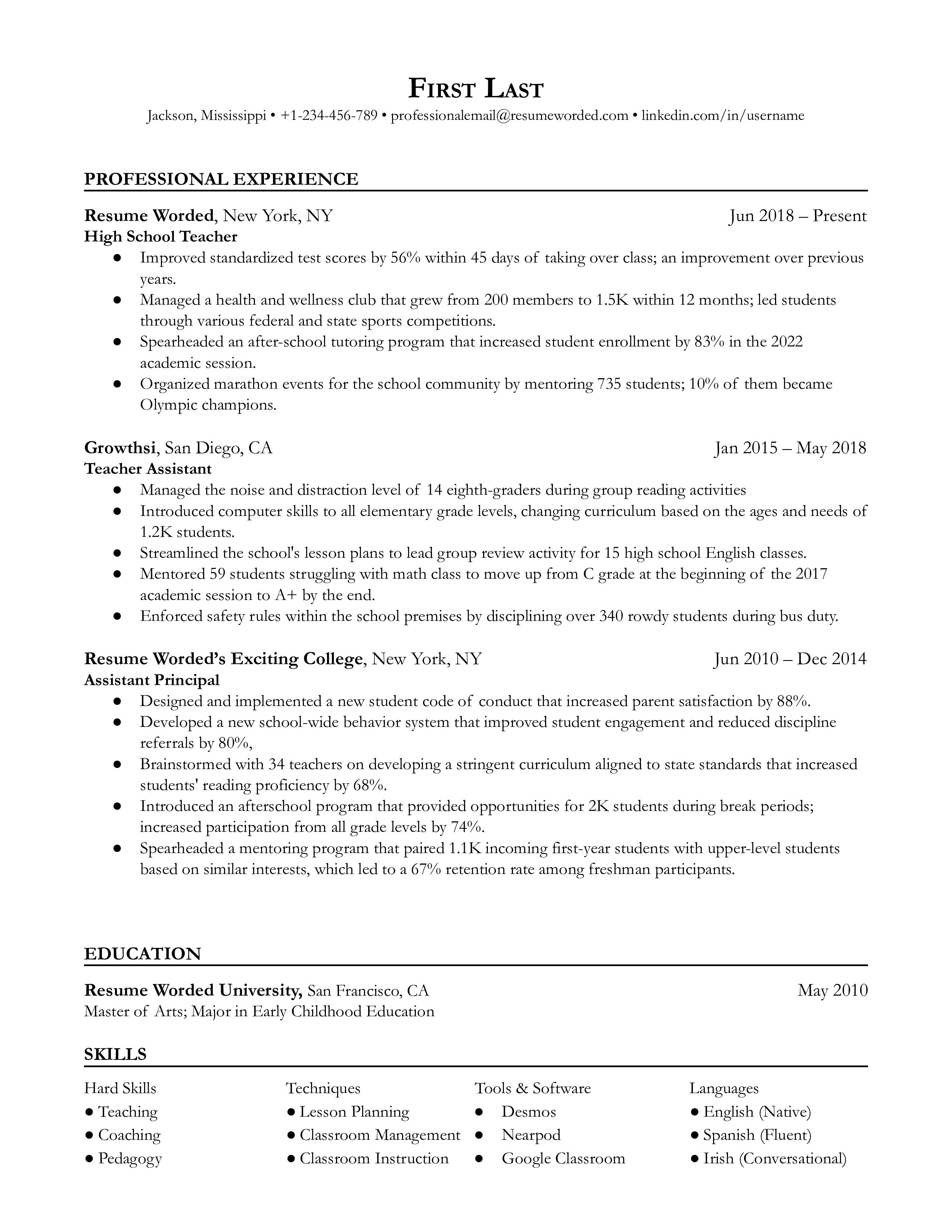A high school teacher resume sample that highlights the applicant’s specialization and experience.