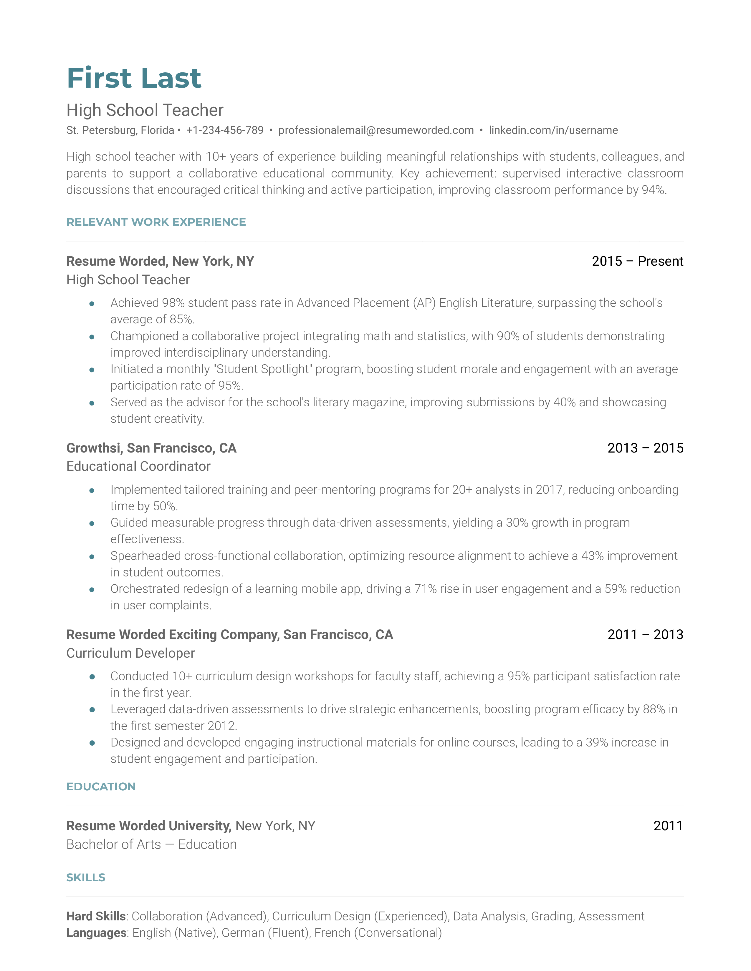 Screenshot of a high school teacher's CV showcasing relevant experience and skills.