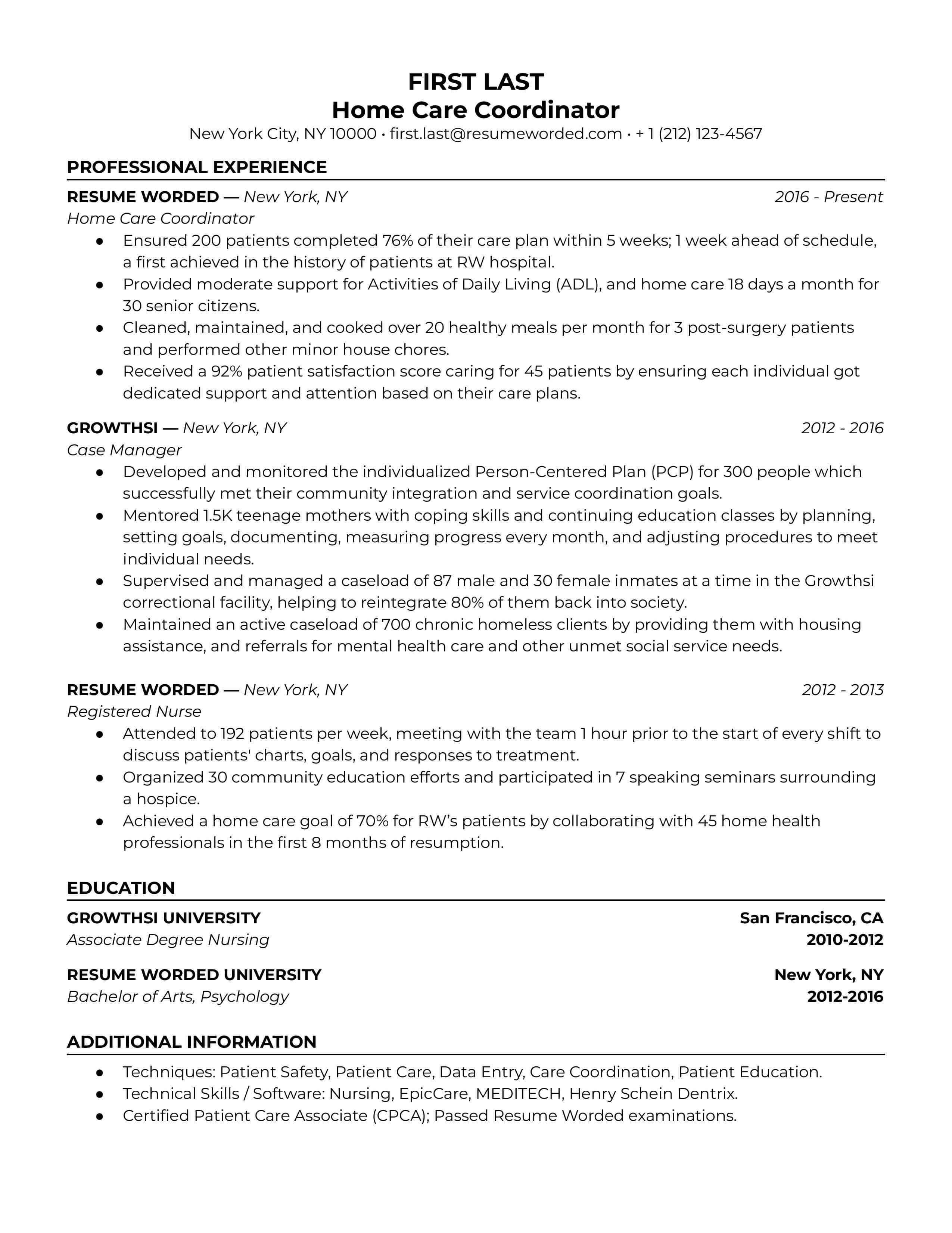 A home care coordinator resume sample that highlights the applicant's certifications and licenses, as well as their workload capabilities.