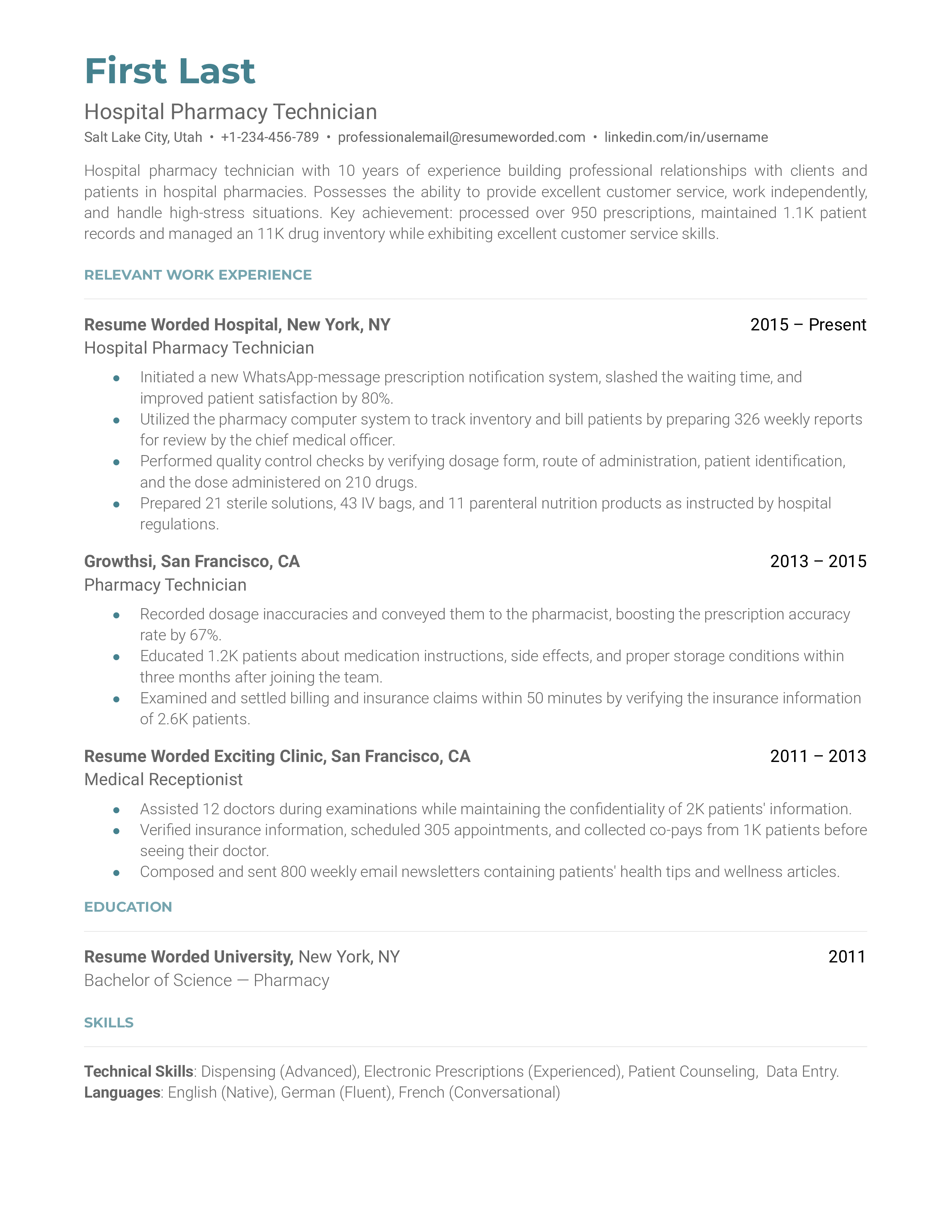 A hospital pharmacy technician resume sample that highlights the applicant’s quantifiable success and key achievements.