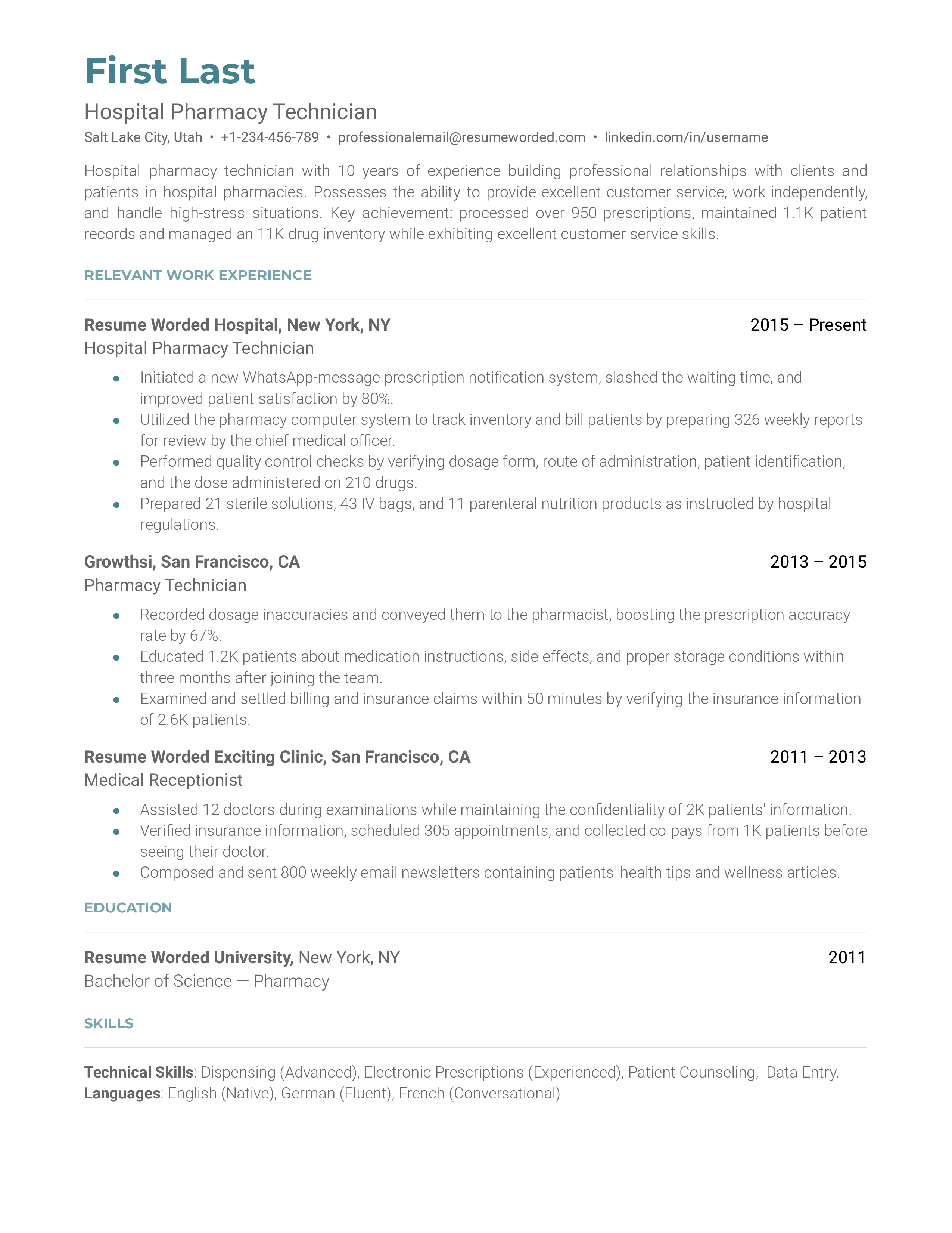 Hospital Pharmacy Technician Resume Sample