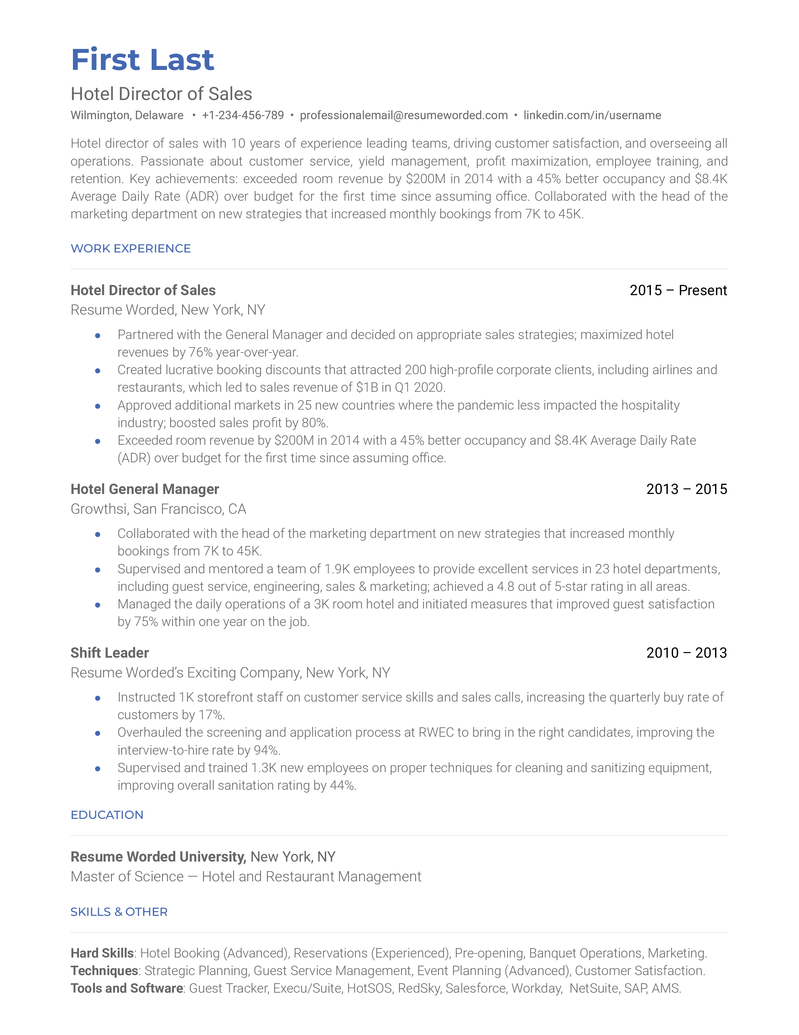 A CV for a Hotel Director of Sales showcasing numerical results and crisis management skills.