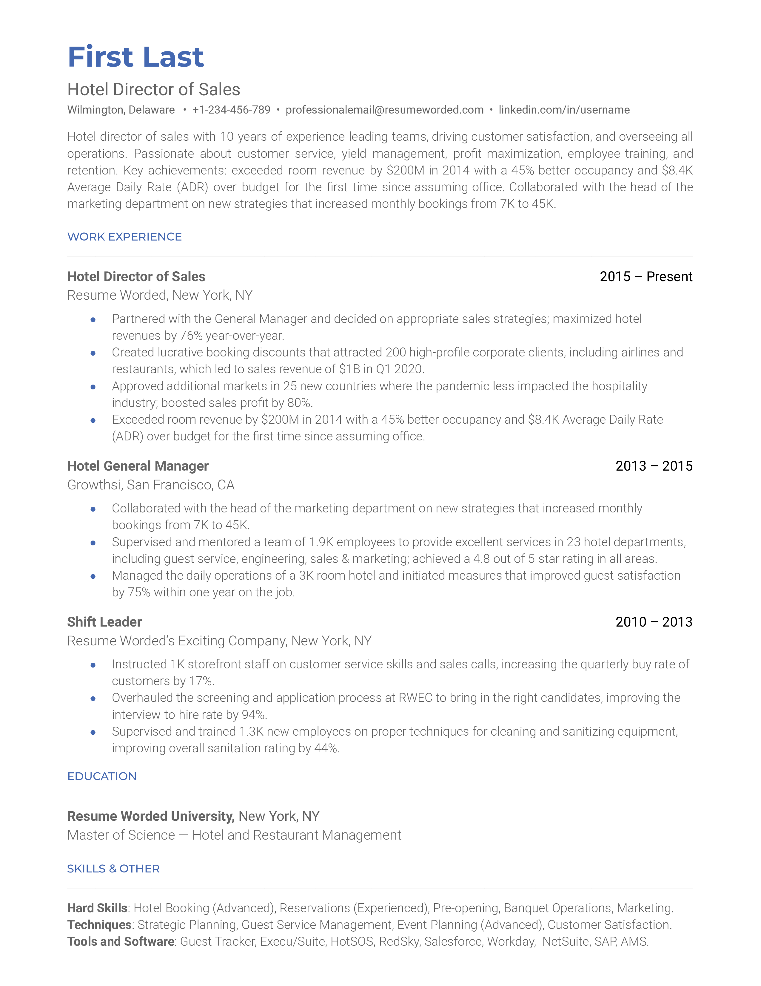 Hotel Director of Sales Resume Examples for 2024 Resume Worded