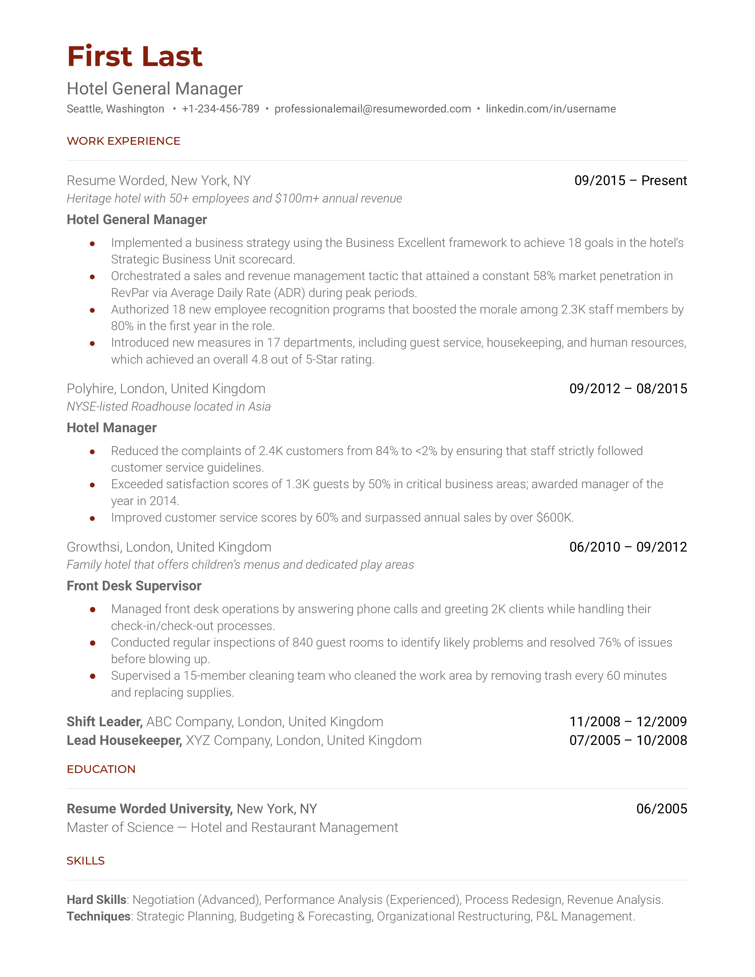 A hotel general manager resume sample that highlights the applicant’s career growth and experience level.