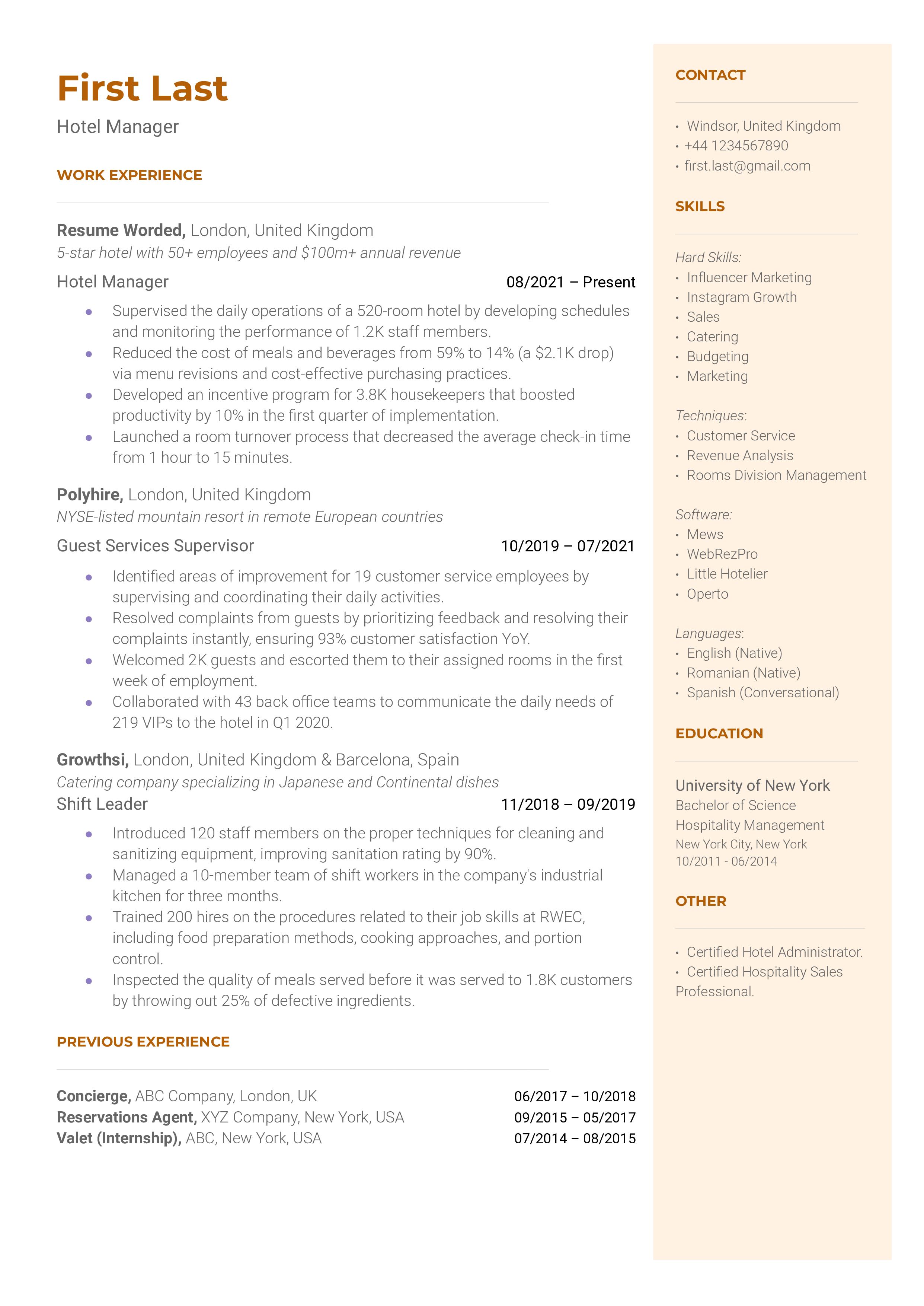 A hotel manager resume sample that highlights the applicant’s customer-facing experience and hospitality certifications.