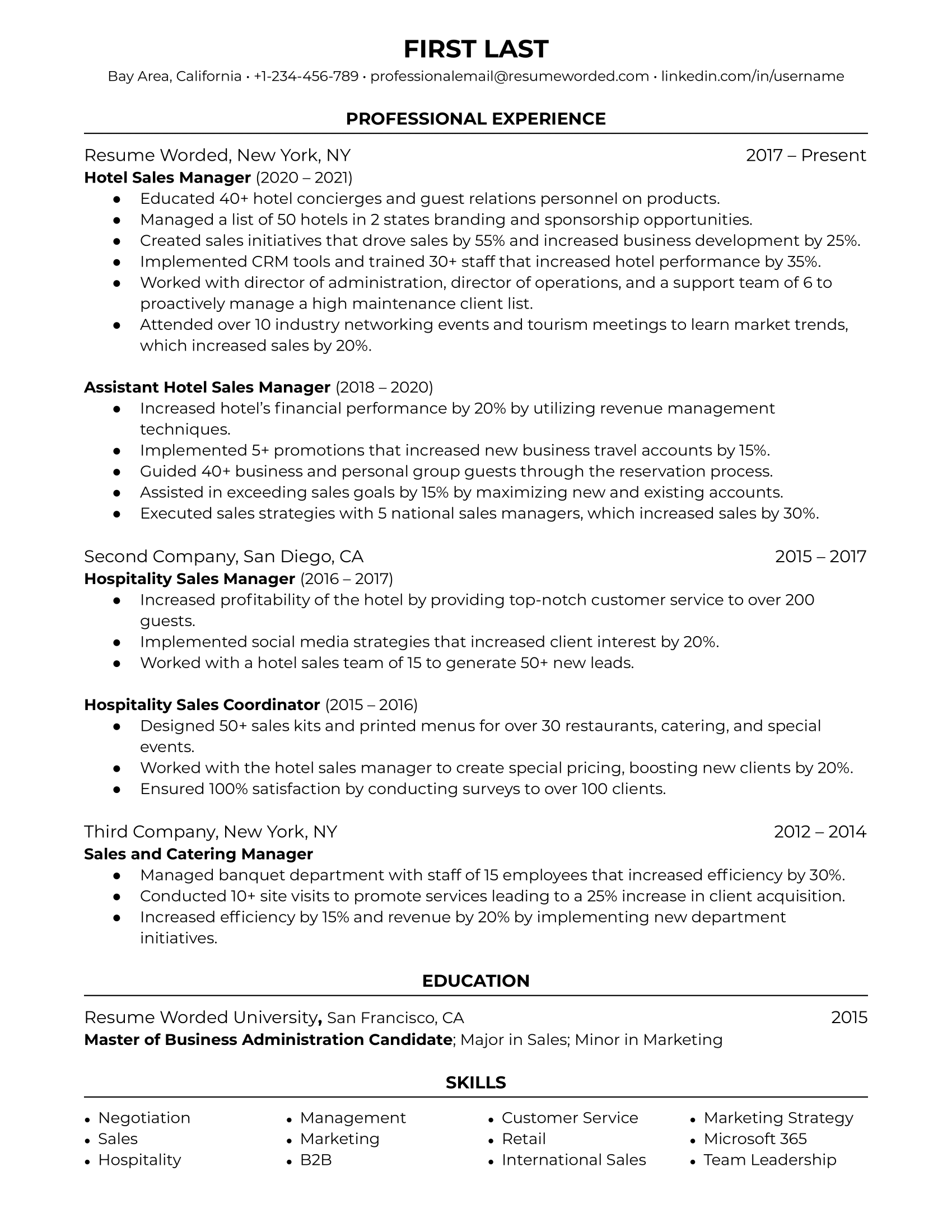 Hotel Sales Manager Resume Sample