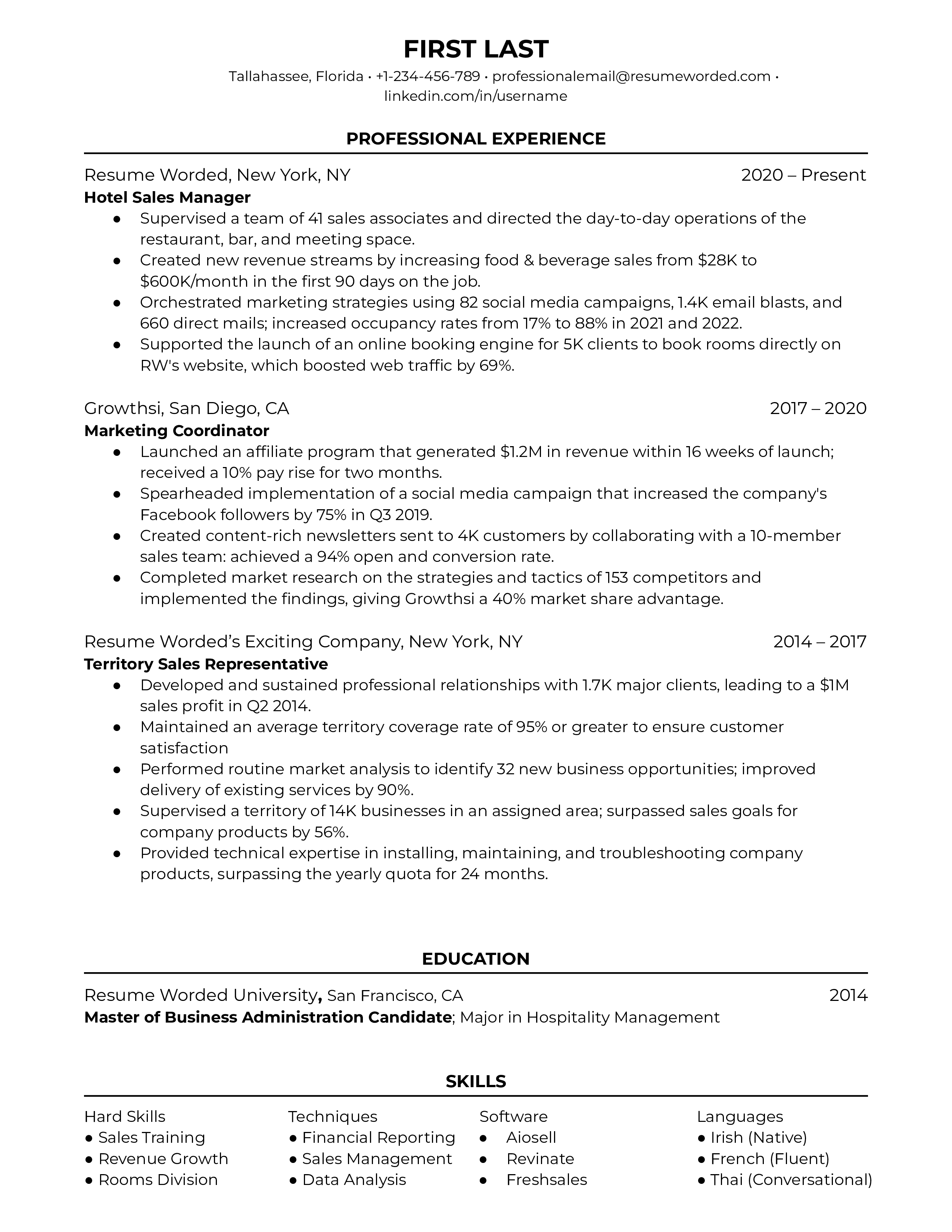 A hotel sales manager resume sample that highlights the applicant’s effect on the bottom line and marketing background.