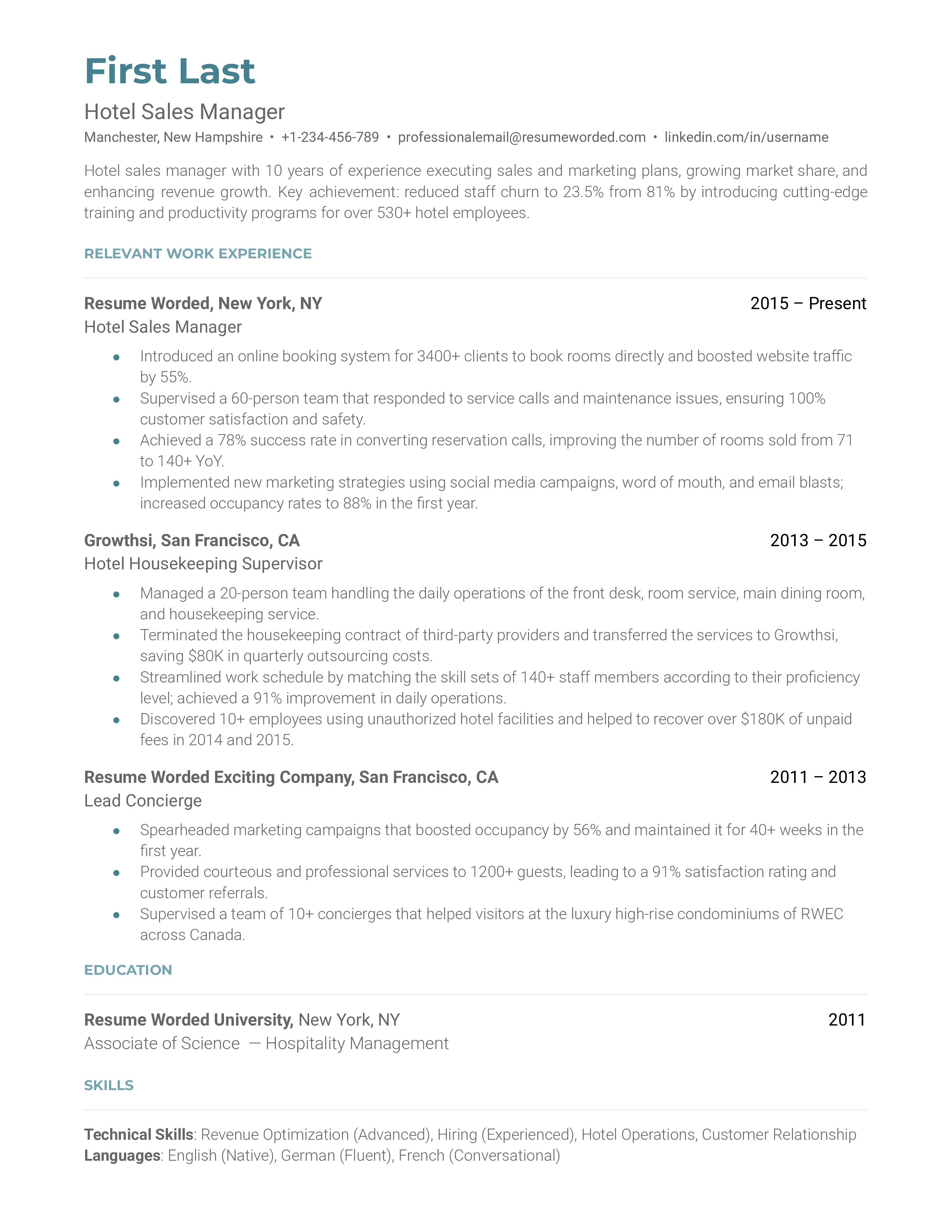 A resume for a hotel sales manager with a master's degree in business administration and prior experience as a hospitality sales manager.