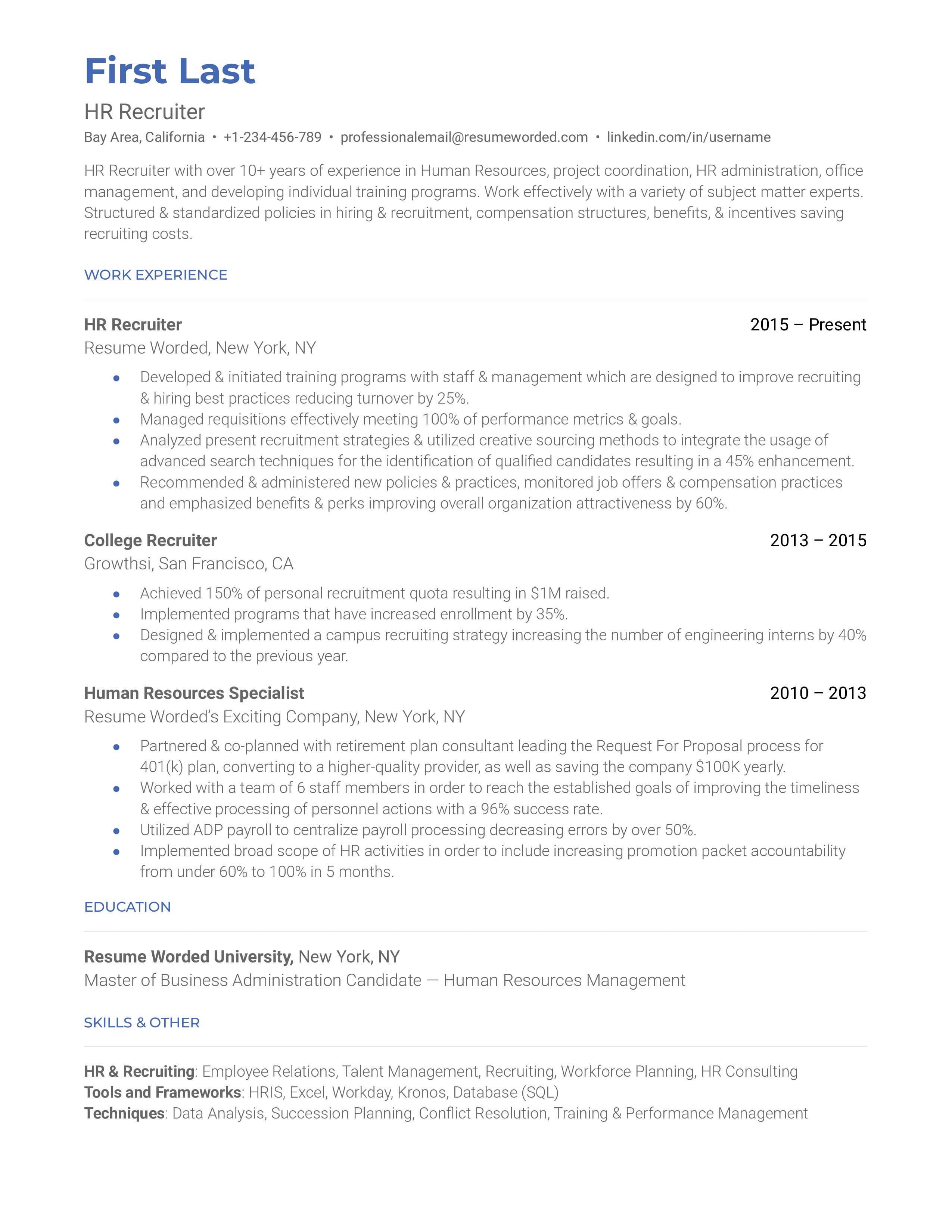 A HR recruiter sample resume that highlights the applicant's career progression and educational history.