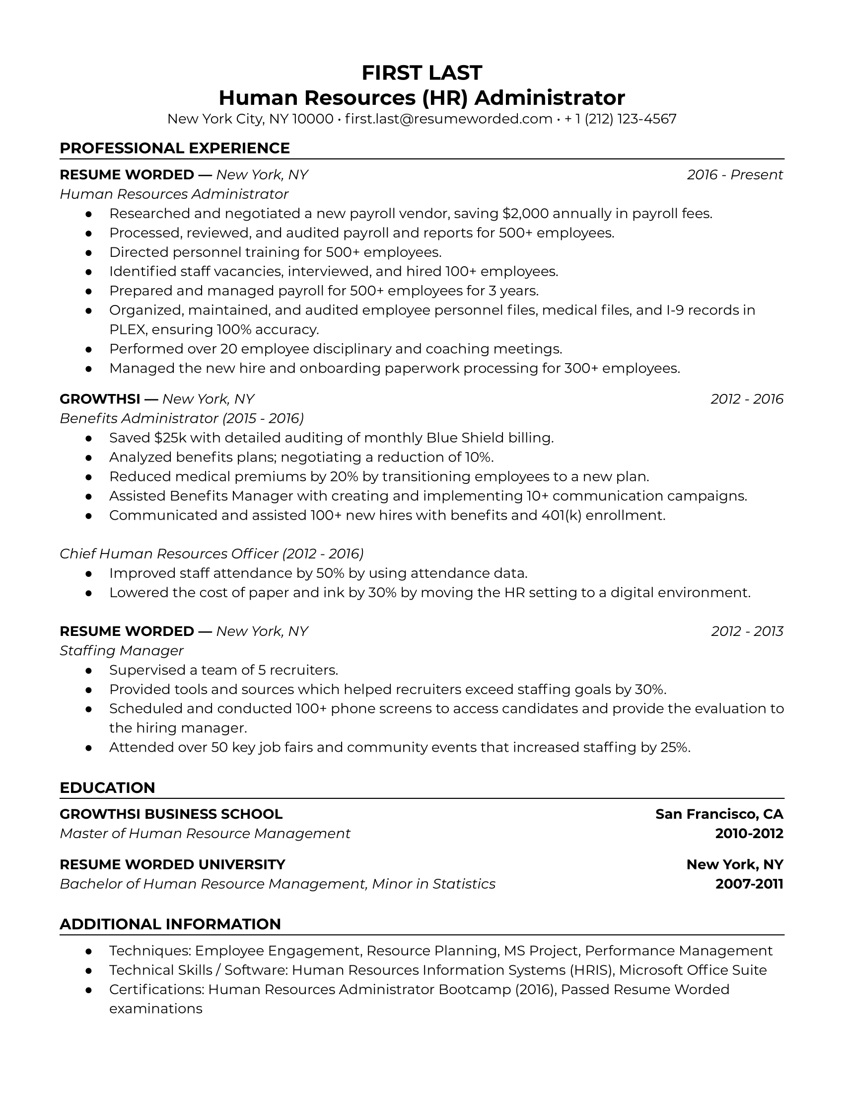 Human Resources (HR) Administrator Resume Sample