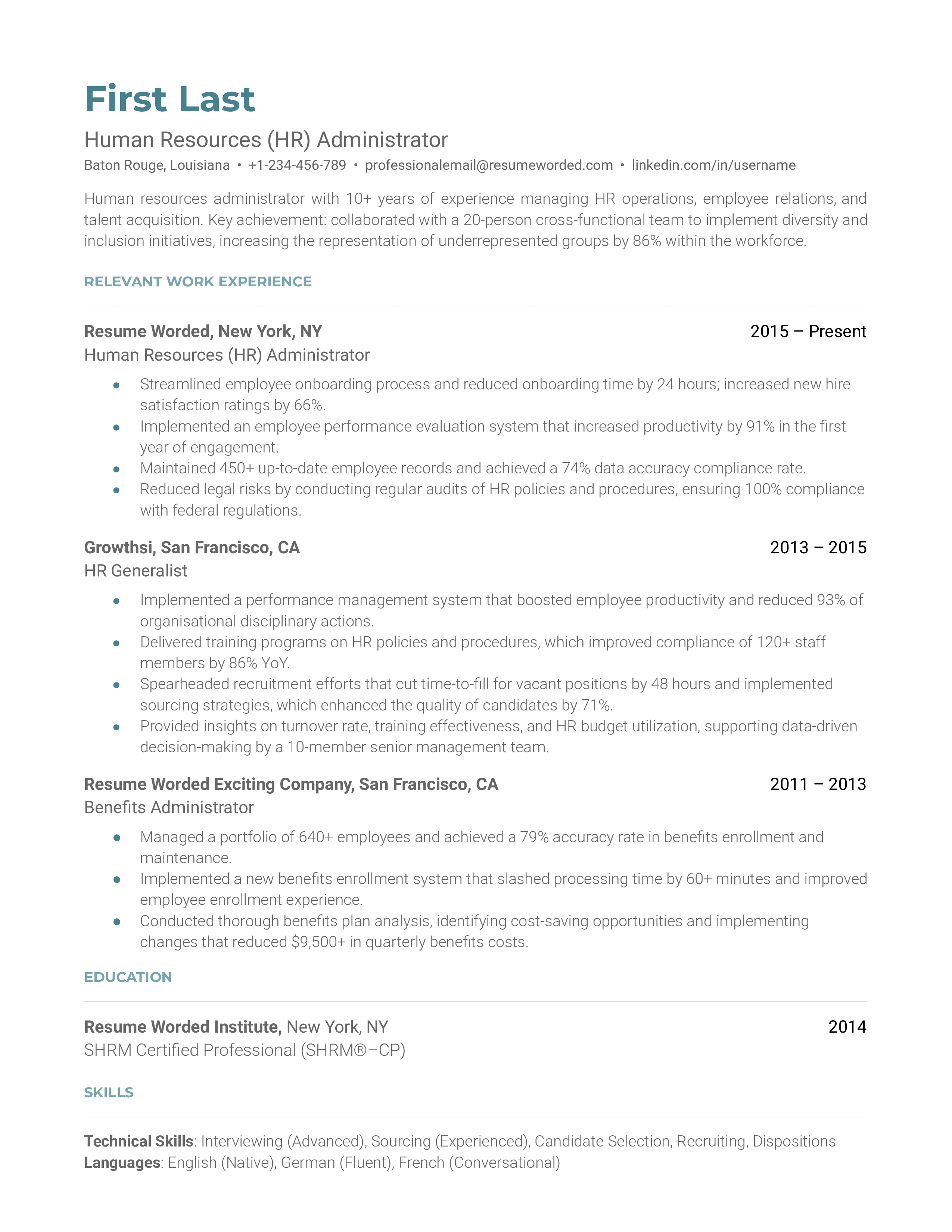 A CV screenshot for an HR Administrator role showcasing HR law expertise and HRMS experience.