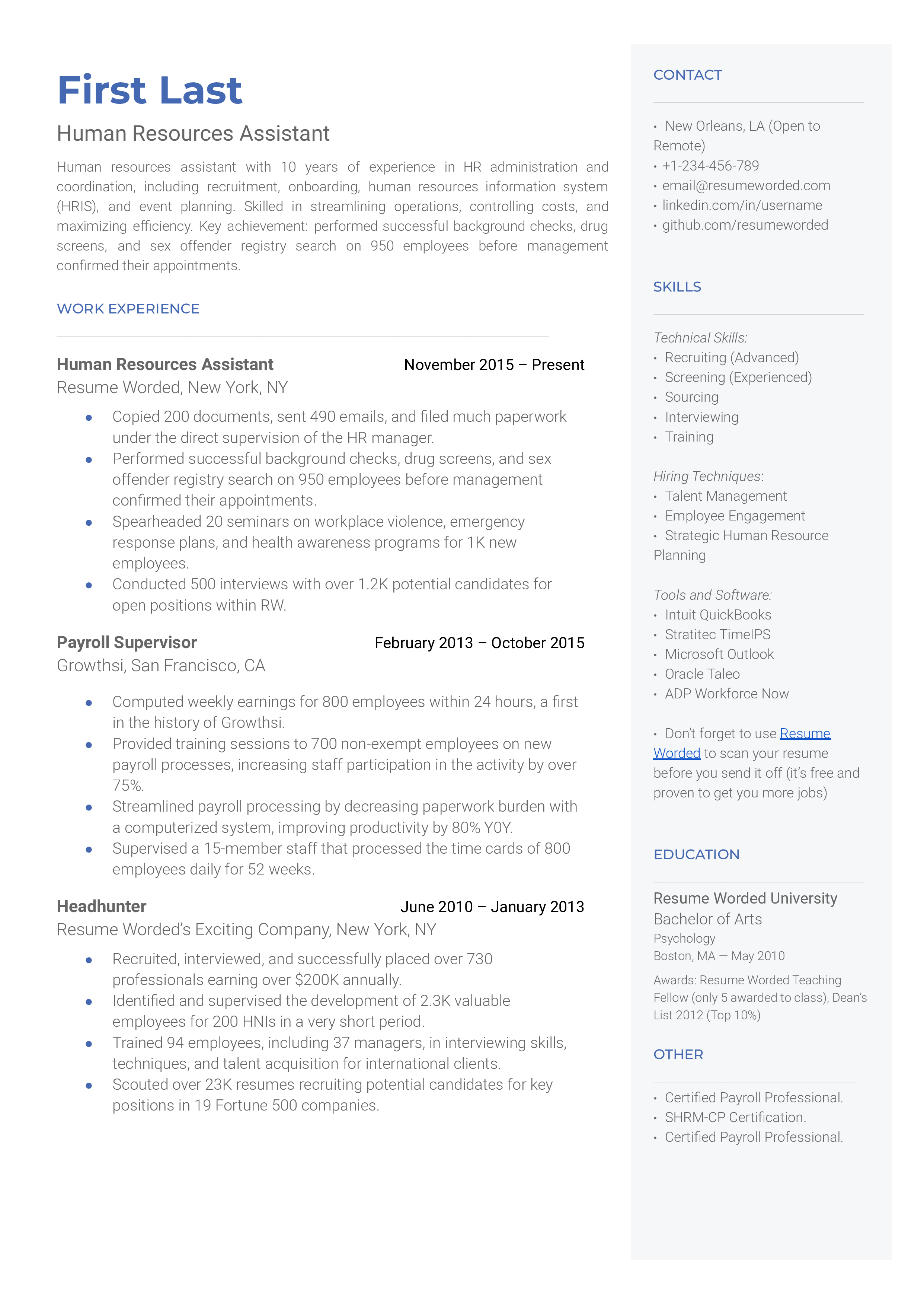 A CV screenshot showcasing skills and experiences relevant for Human Resources Assistant roles.