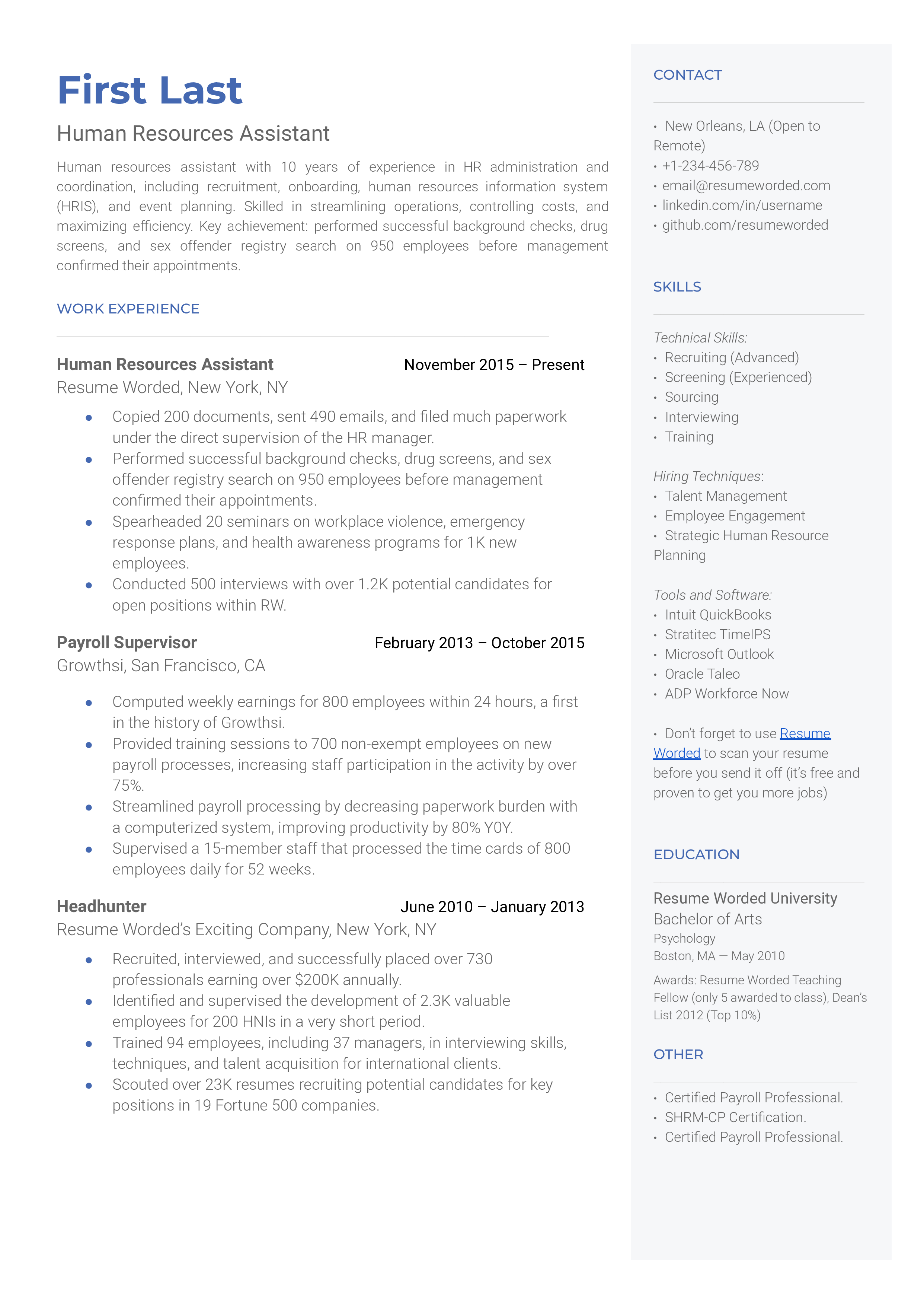 Human Resources Assistant Resume Sample