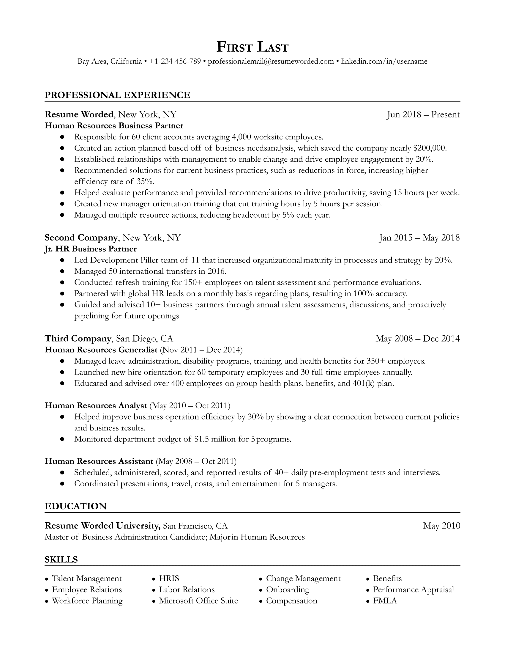 Human Resources (HR) Business Partner Resume Sample