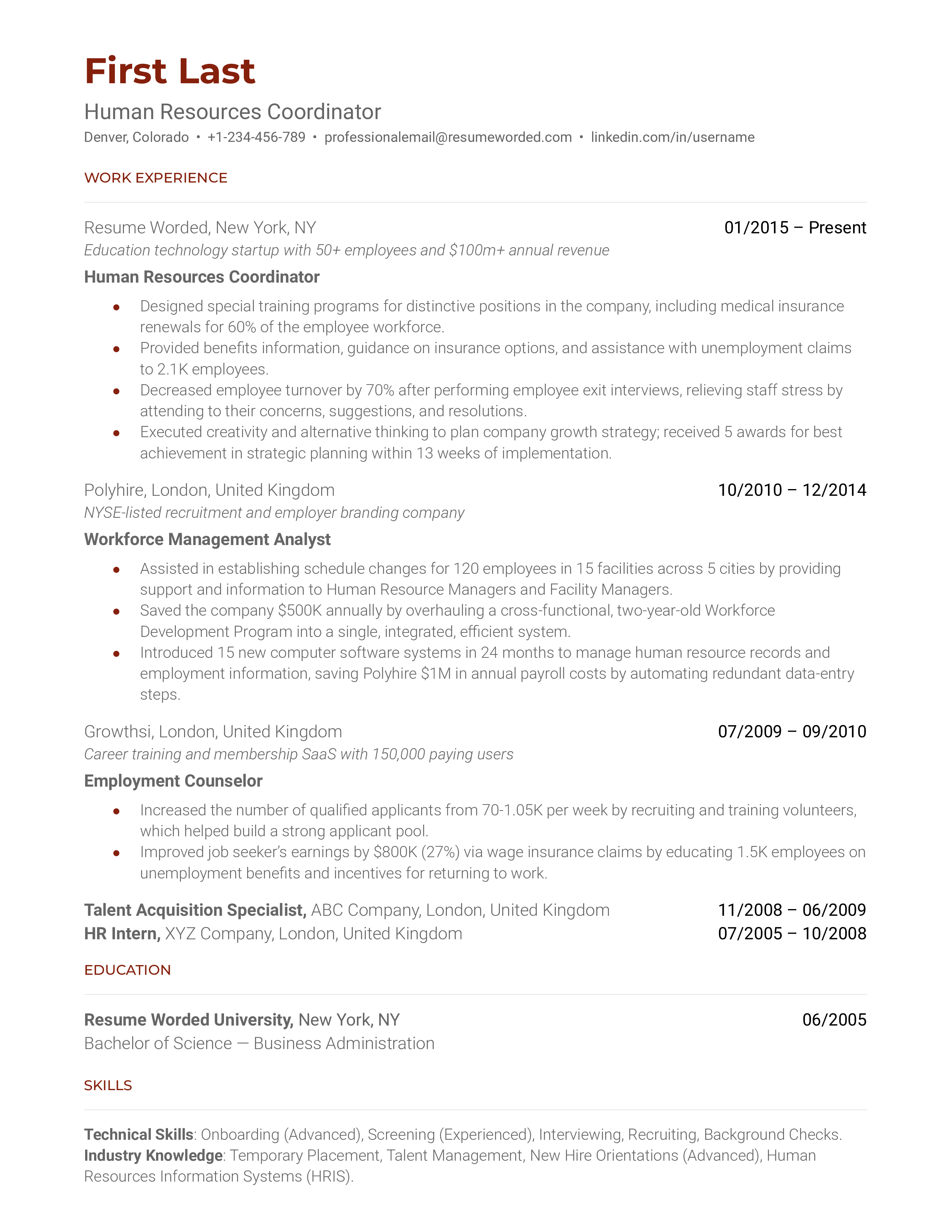 A human resources coordinator resume sample highlighting the applicant’s strong skill set and successful previous experience.