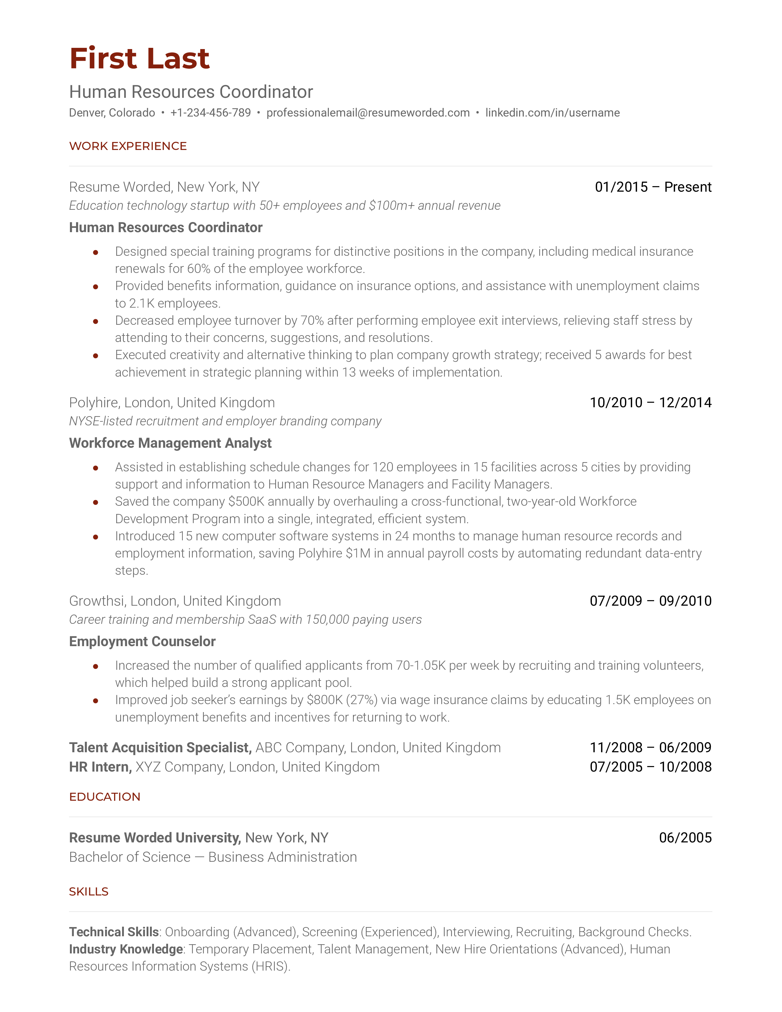 Human Resources Coordinator Resume Sample