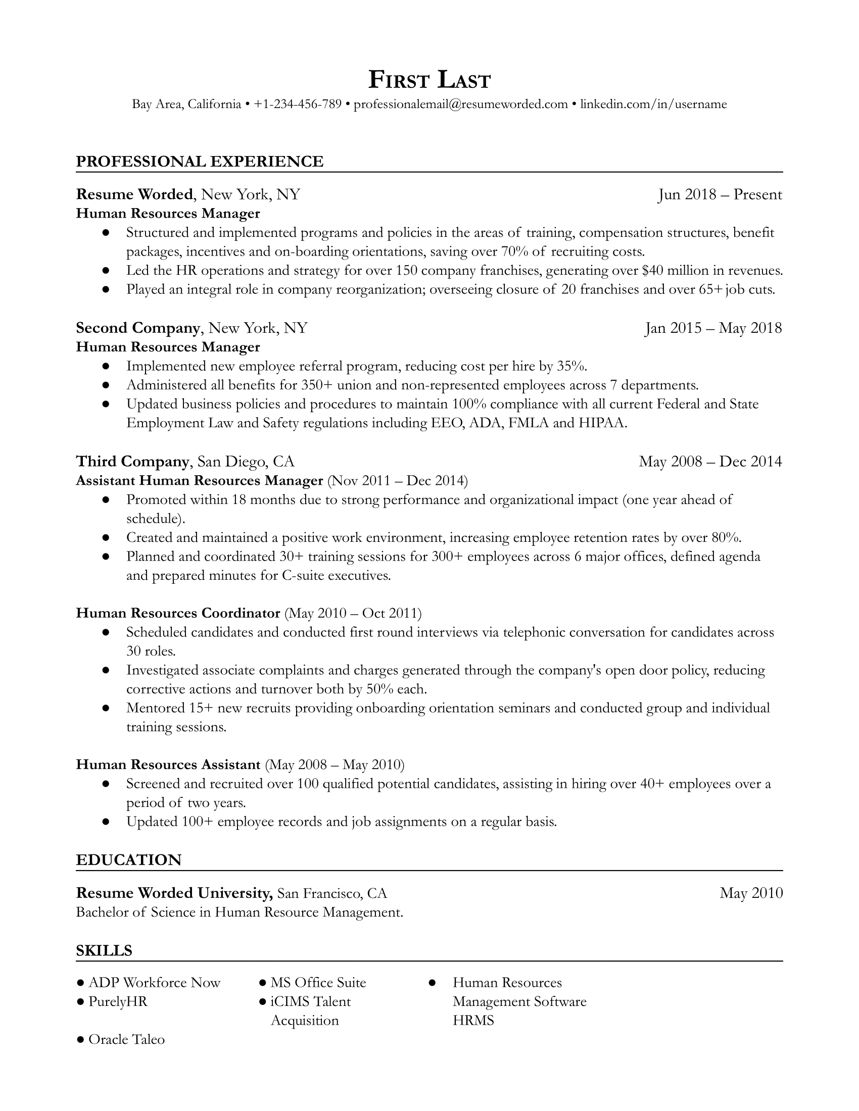 Human Resources (HR) Manager Resume Sample