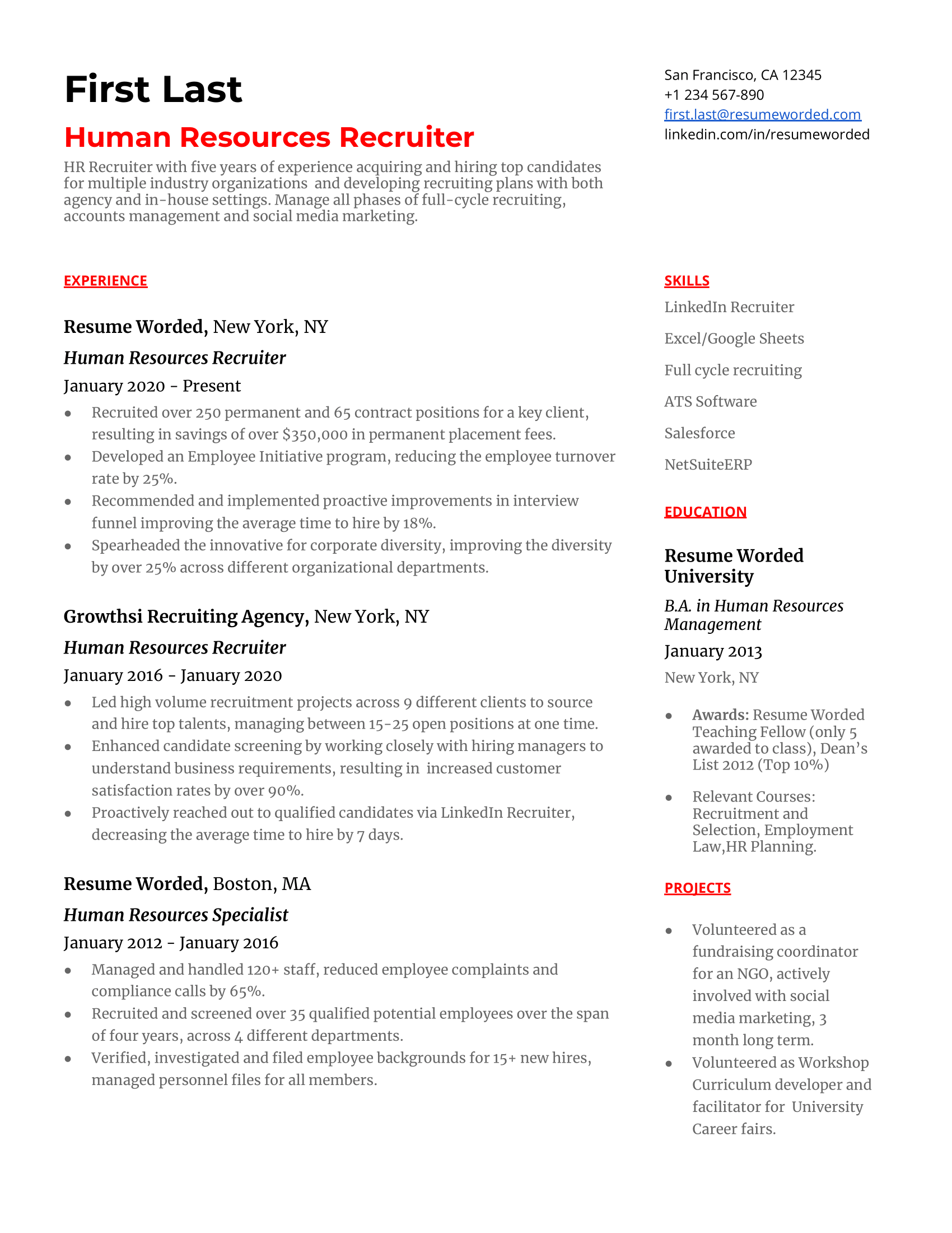 Human resources recruiter resume with hard skills and relevant work experience
