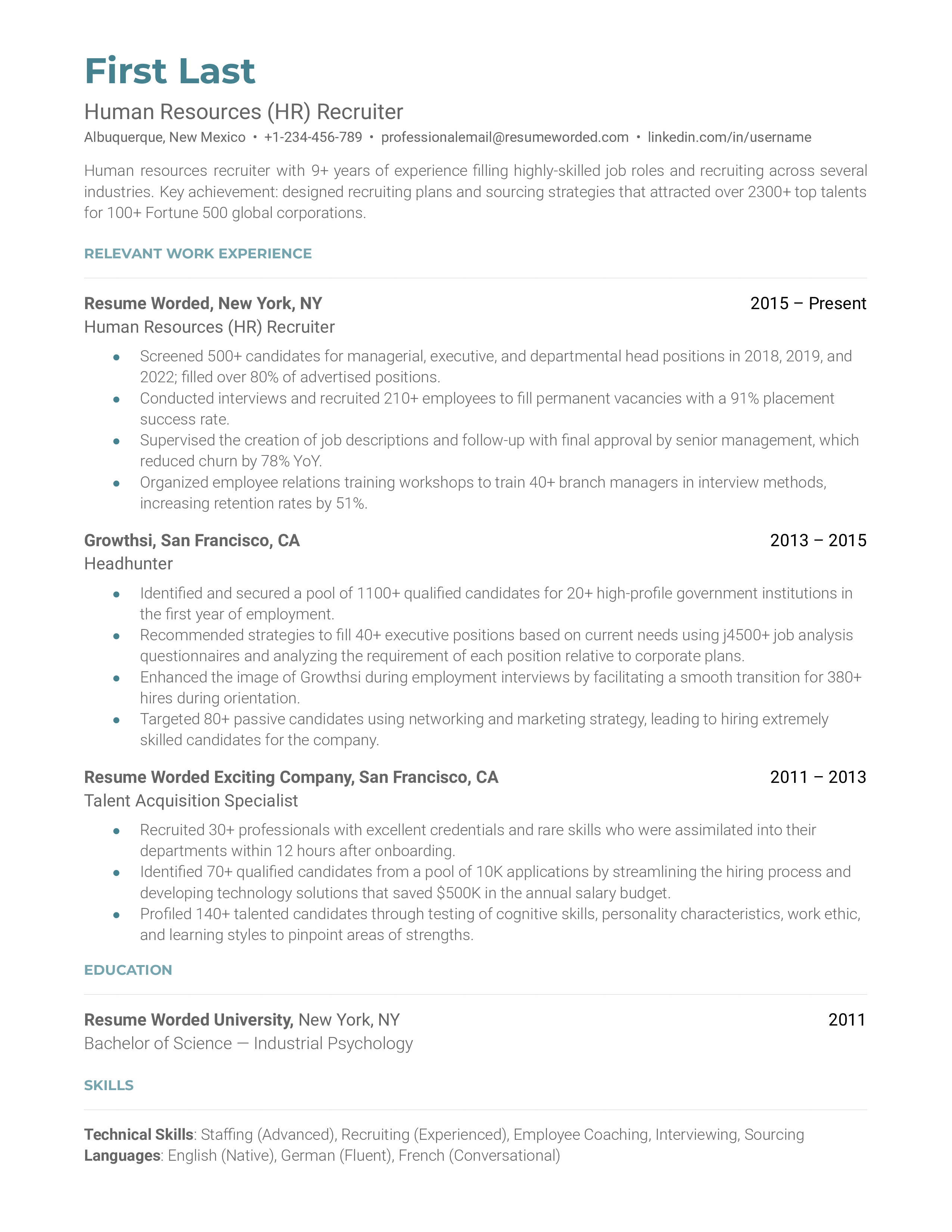 A screenshot of a HR recruiter's CV showcasing tech skills and legal awareness.