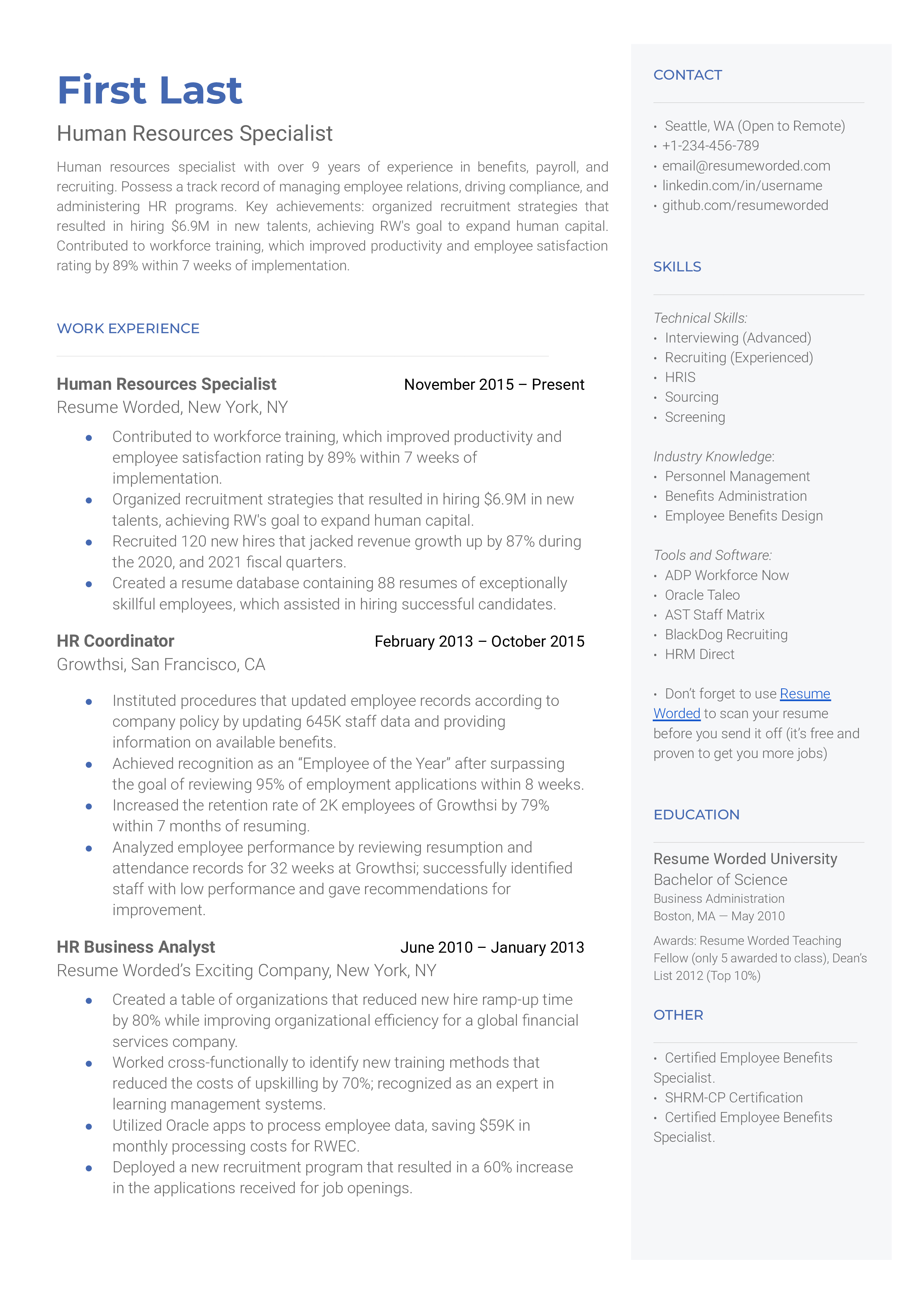 Human Resources Specialist Resume Examples for 2024 | Resume Worded